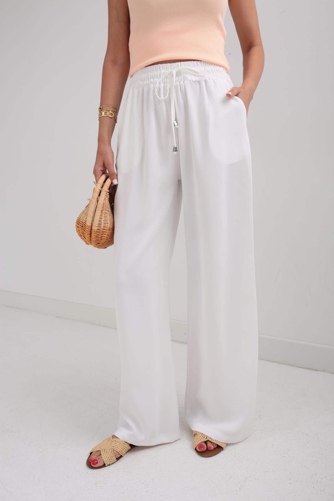 Beli Lastikli Bağcıklı Beyaz Geniş Kesim Pantolon PANTOLON | NO33