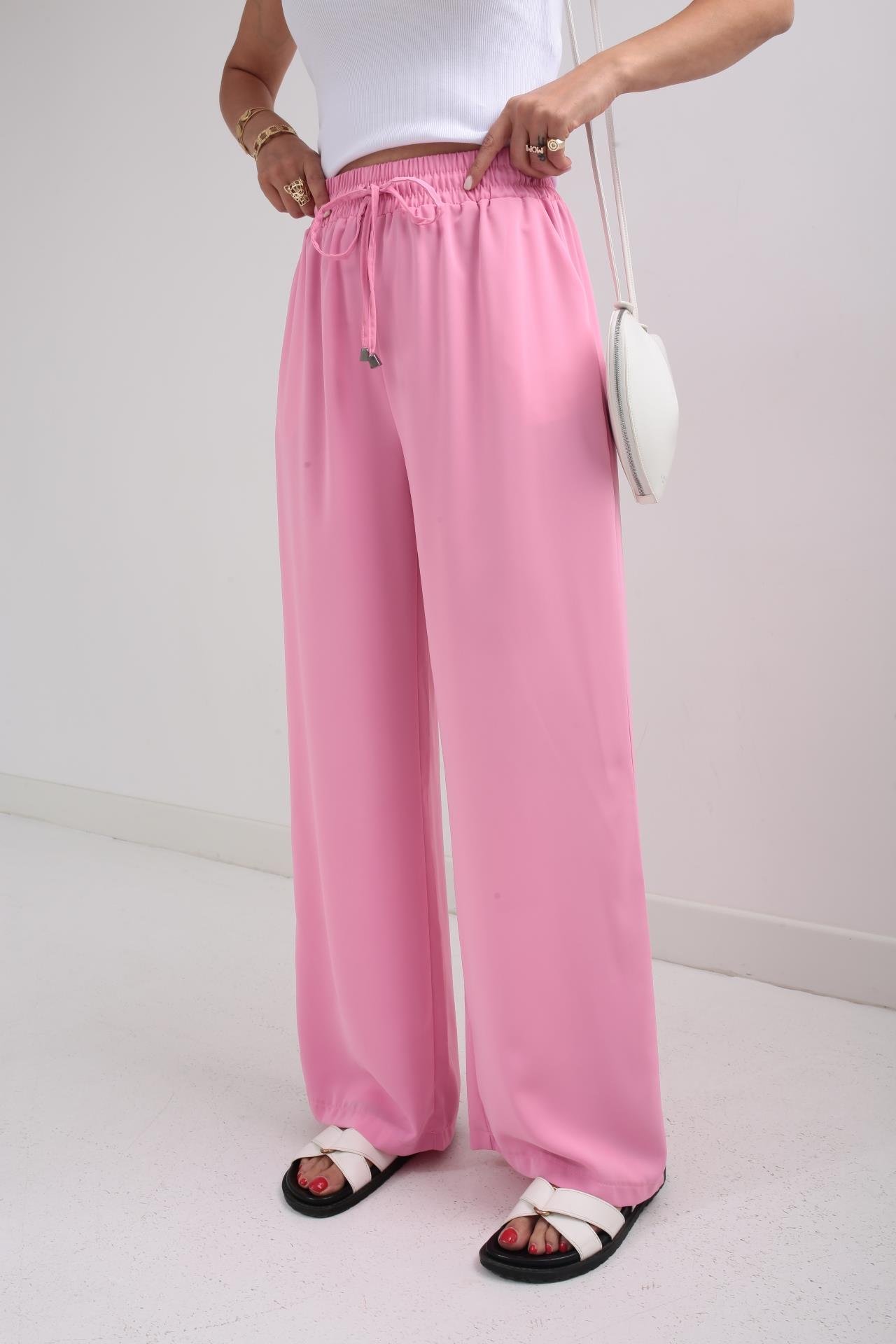 Beli Lastikli Bağcıklı Pembe Geniş Kesim Pantolon PANTOLON | NO33