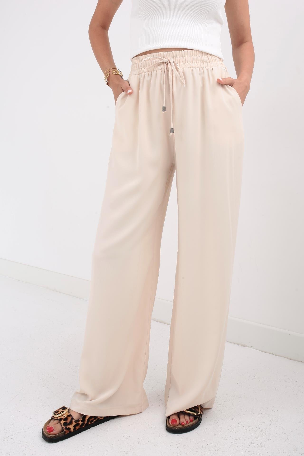 Beli Lastikli Bağcıklı Taş Geniş Kesim Pantolon PANTOLON | NO33