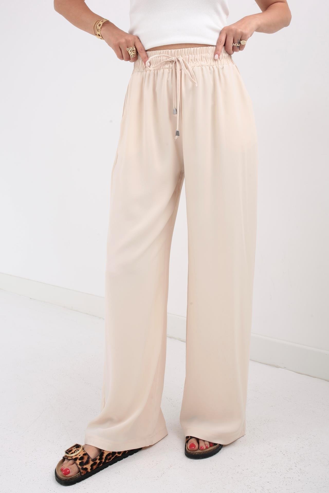 Beli Lastikli Bağcıklı Taş Geniş Kesim Pantolon PANTOLON | NO33