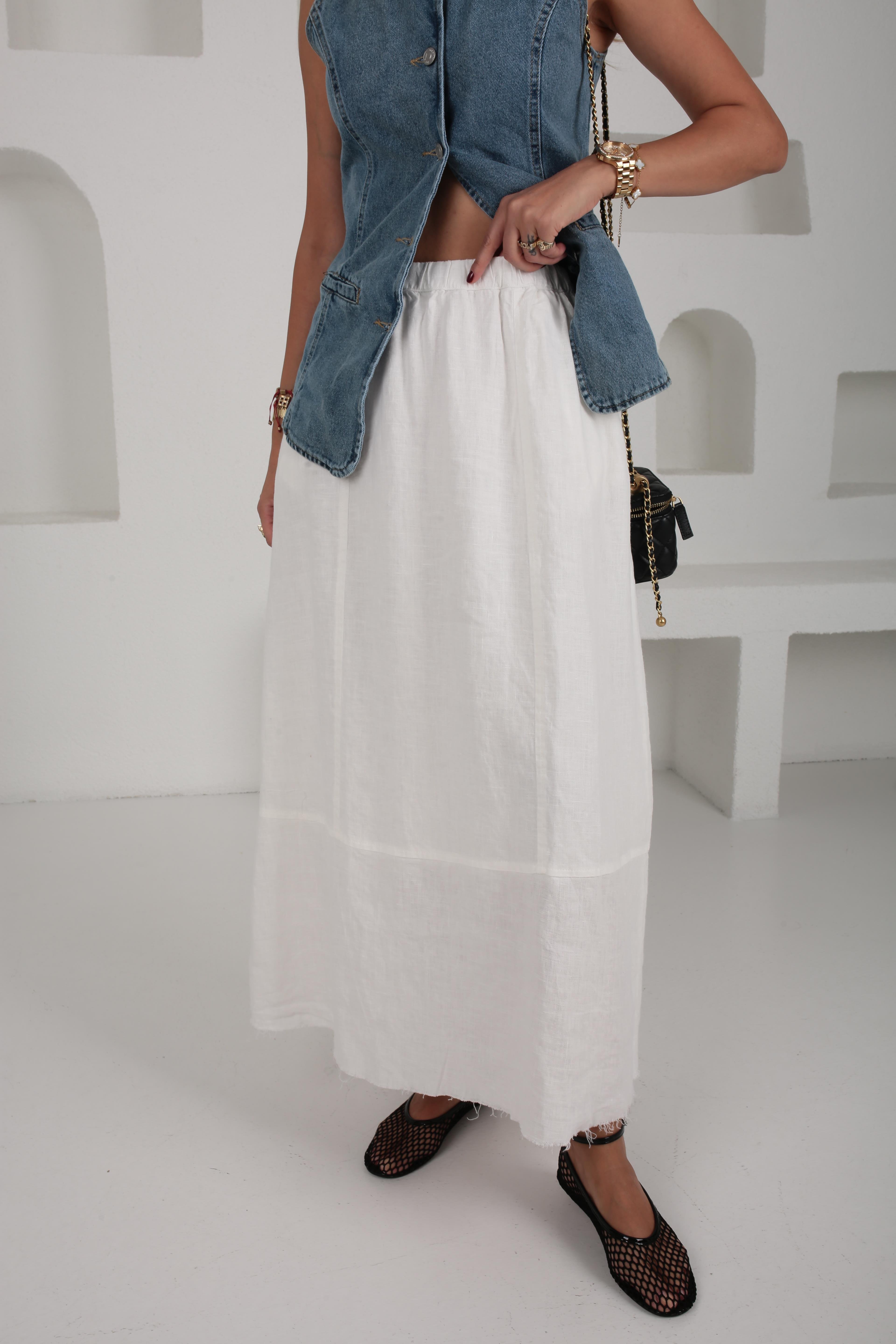 Beli Lastikli Beyaz Uzun Keten Etek ETEK