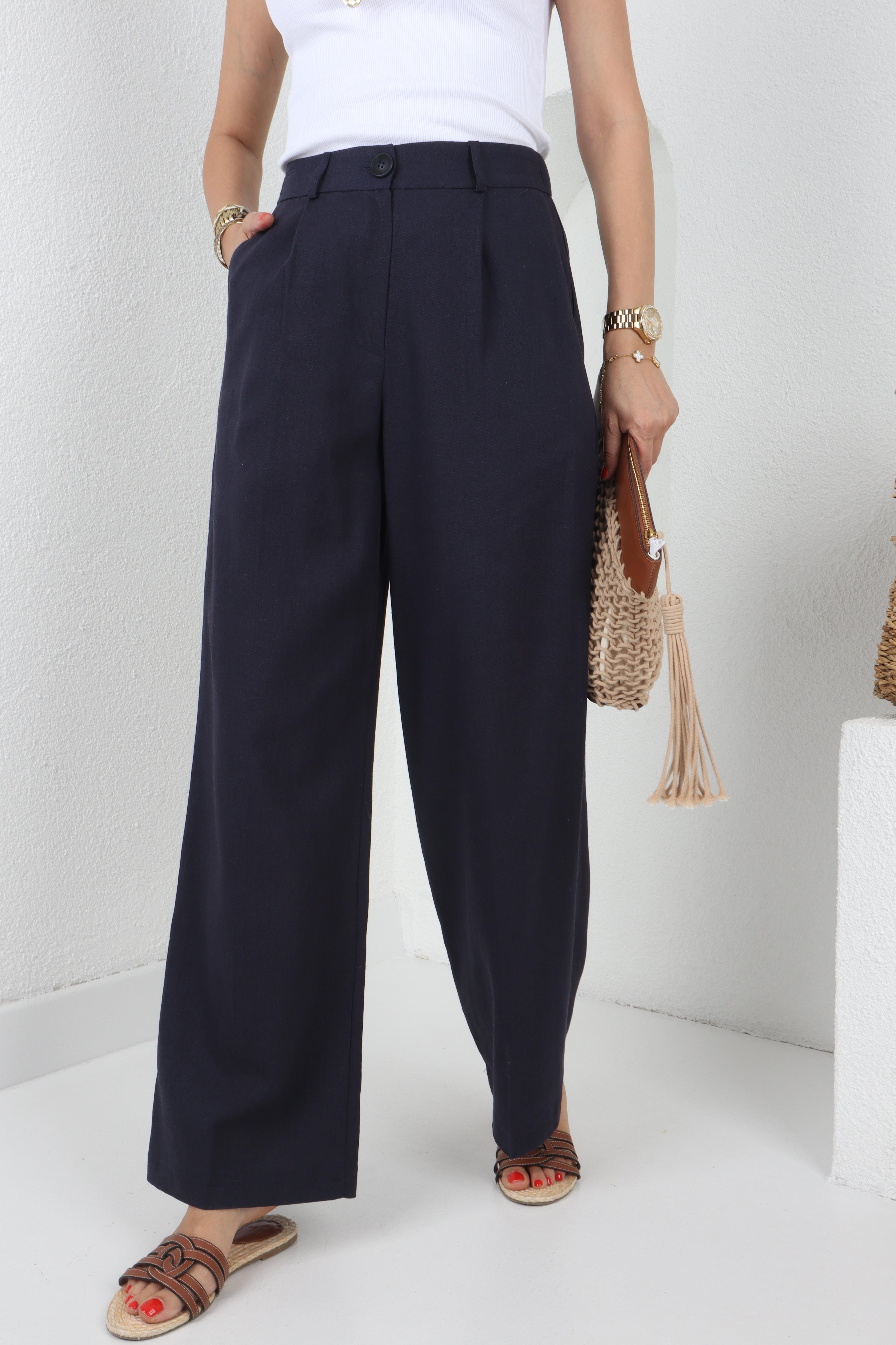 Beli Lastikli Bol Paça Lacivert Keten Pantolon PANTOLON