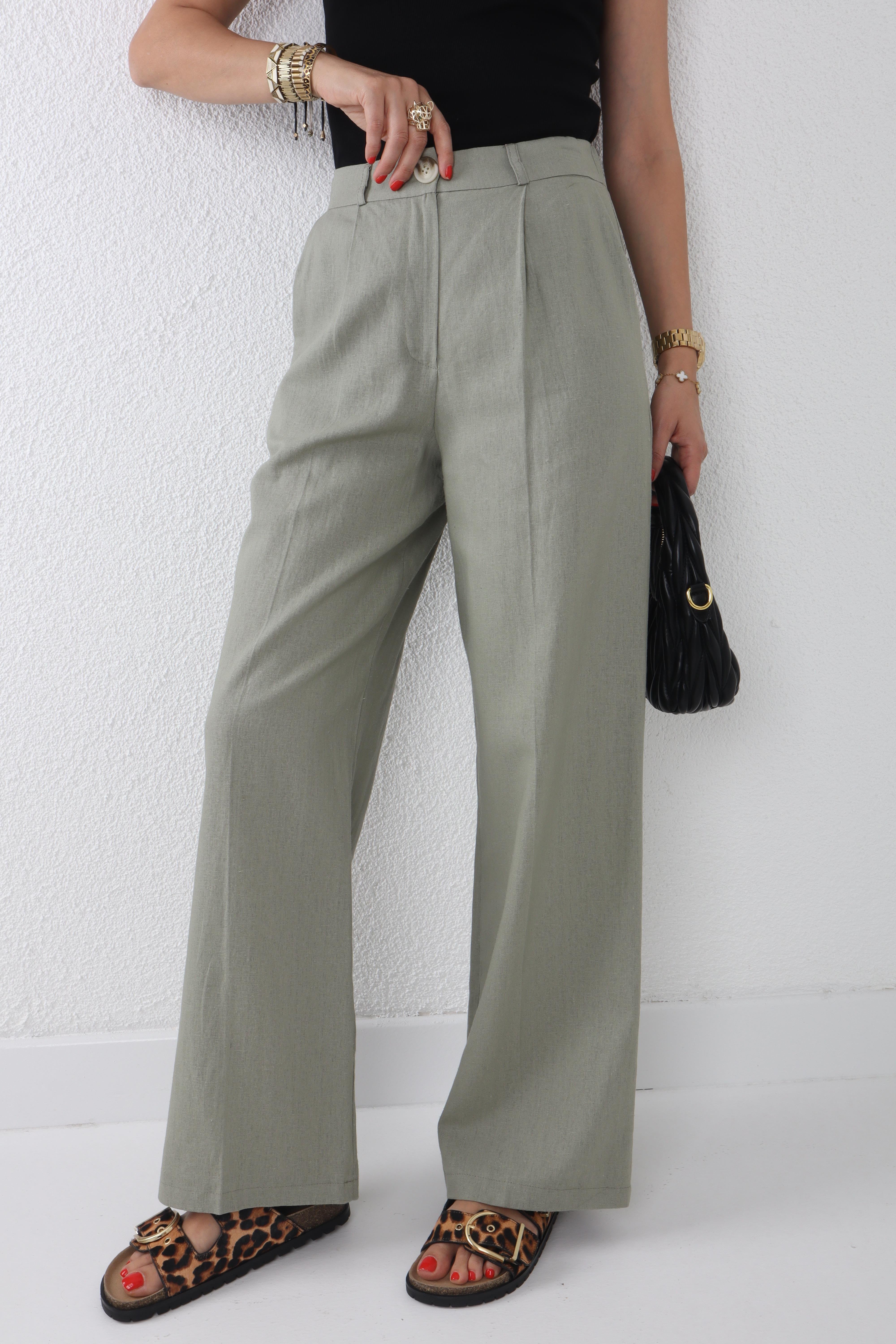 Beli Lastikli Bol Paça Mint Keten Pantolon PANTOLON