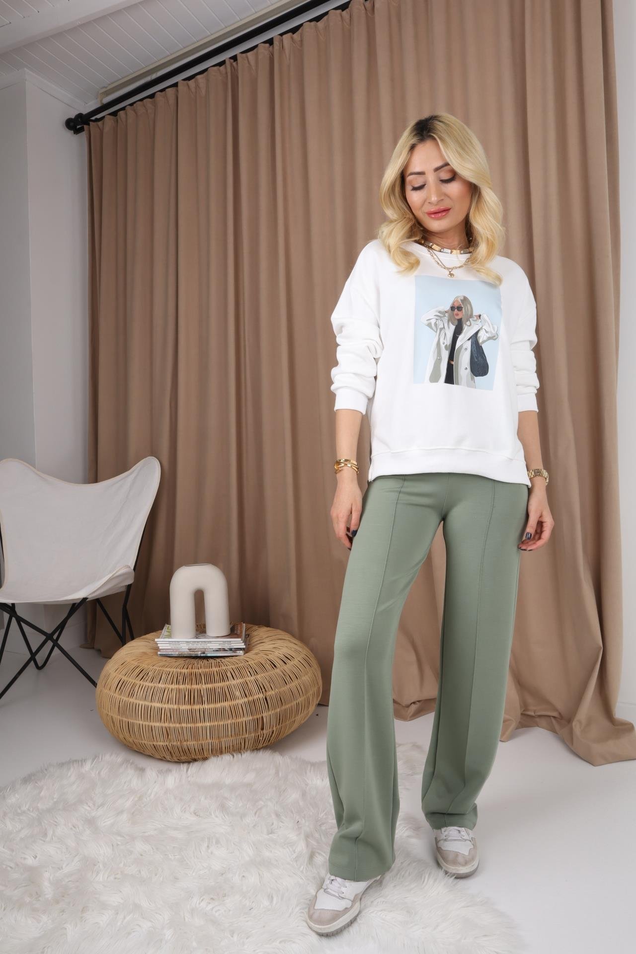 Beli Lastikli Bol Scuba Mint Pantolon PANTOLON