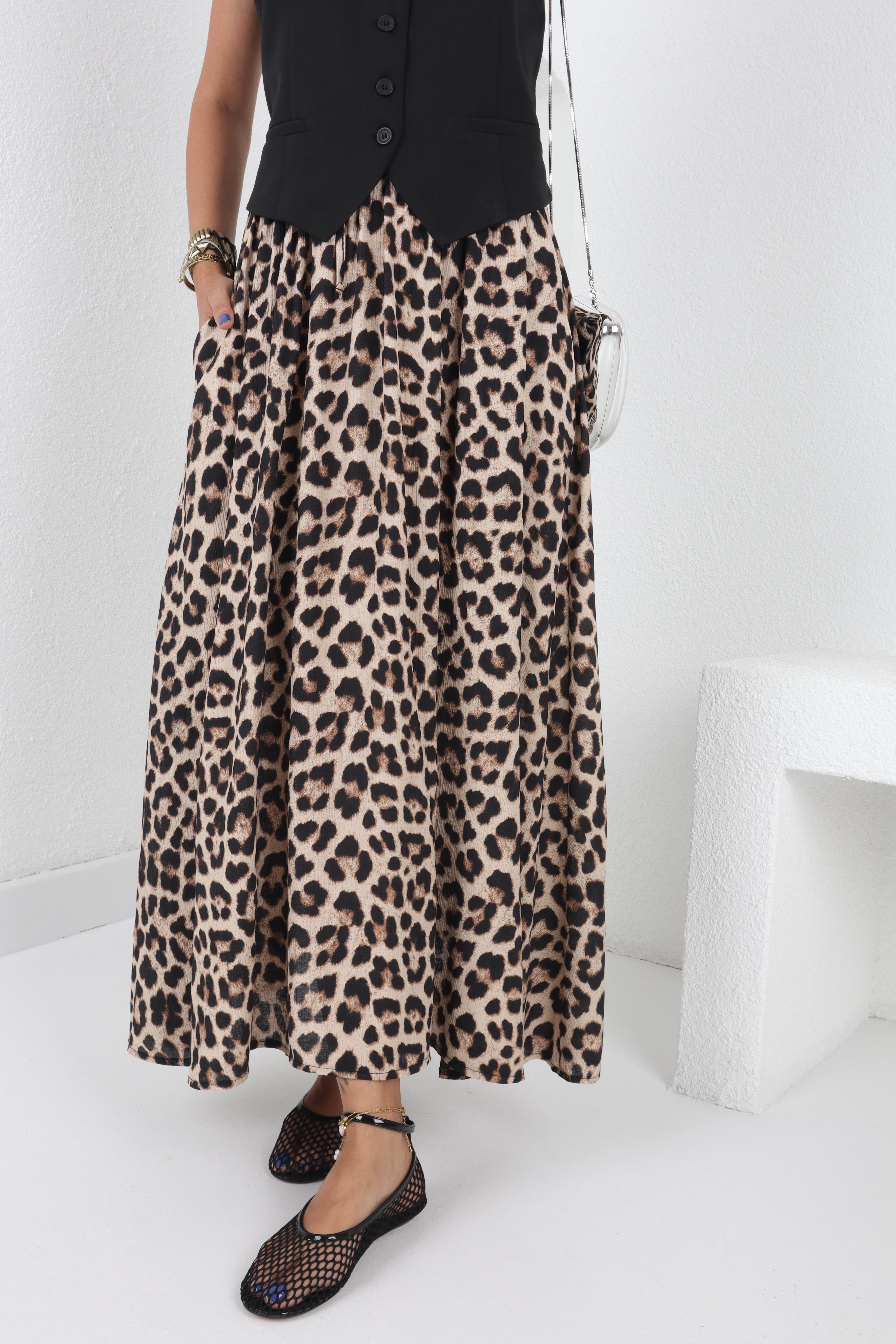 Beli Lastikli Leopar Desen Kloş Etek ETEK