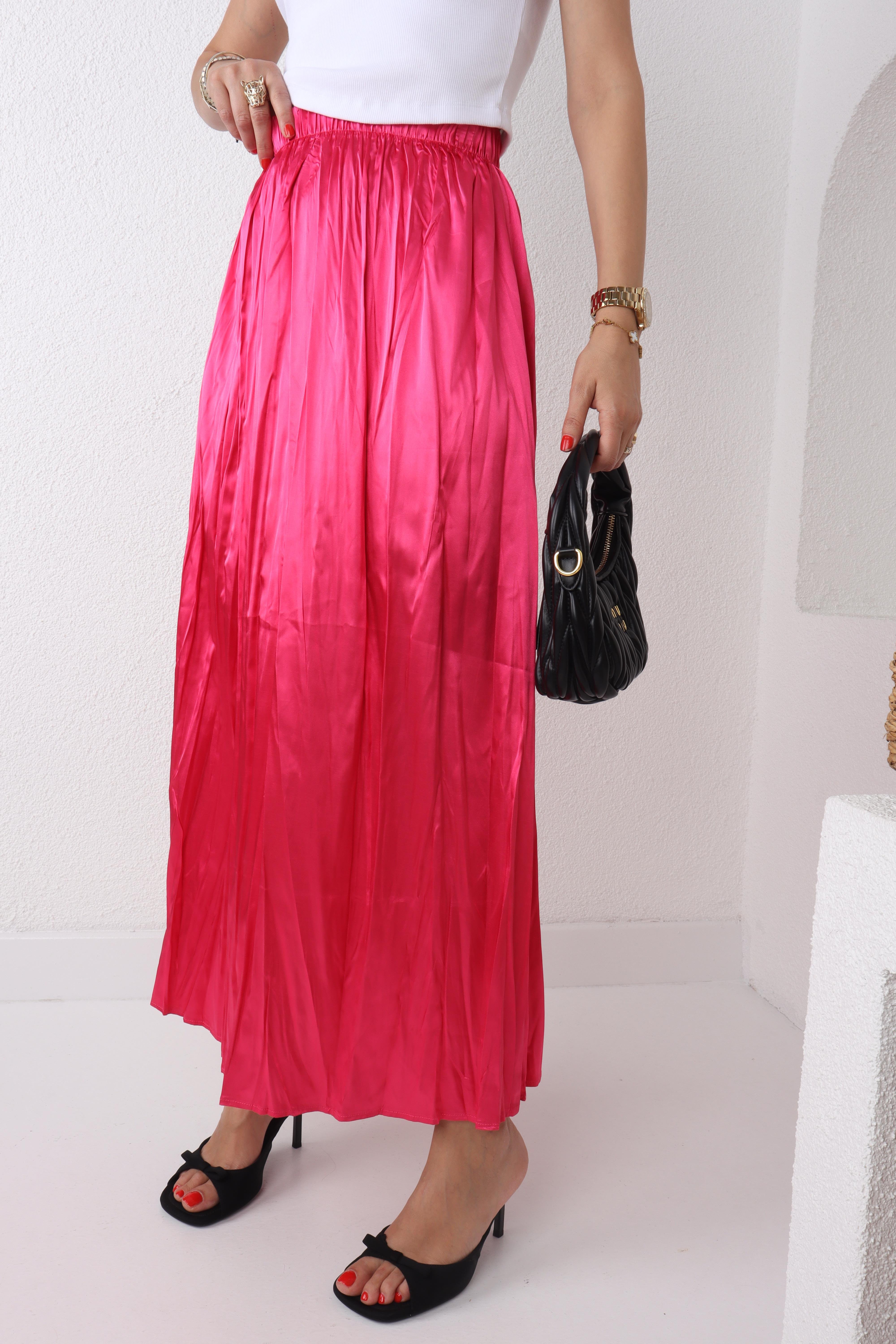 Beli Lastikli Pileli Fuşya Saten Etek ETEK