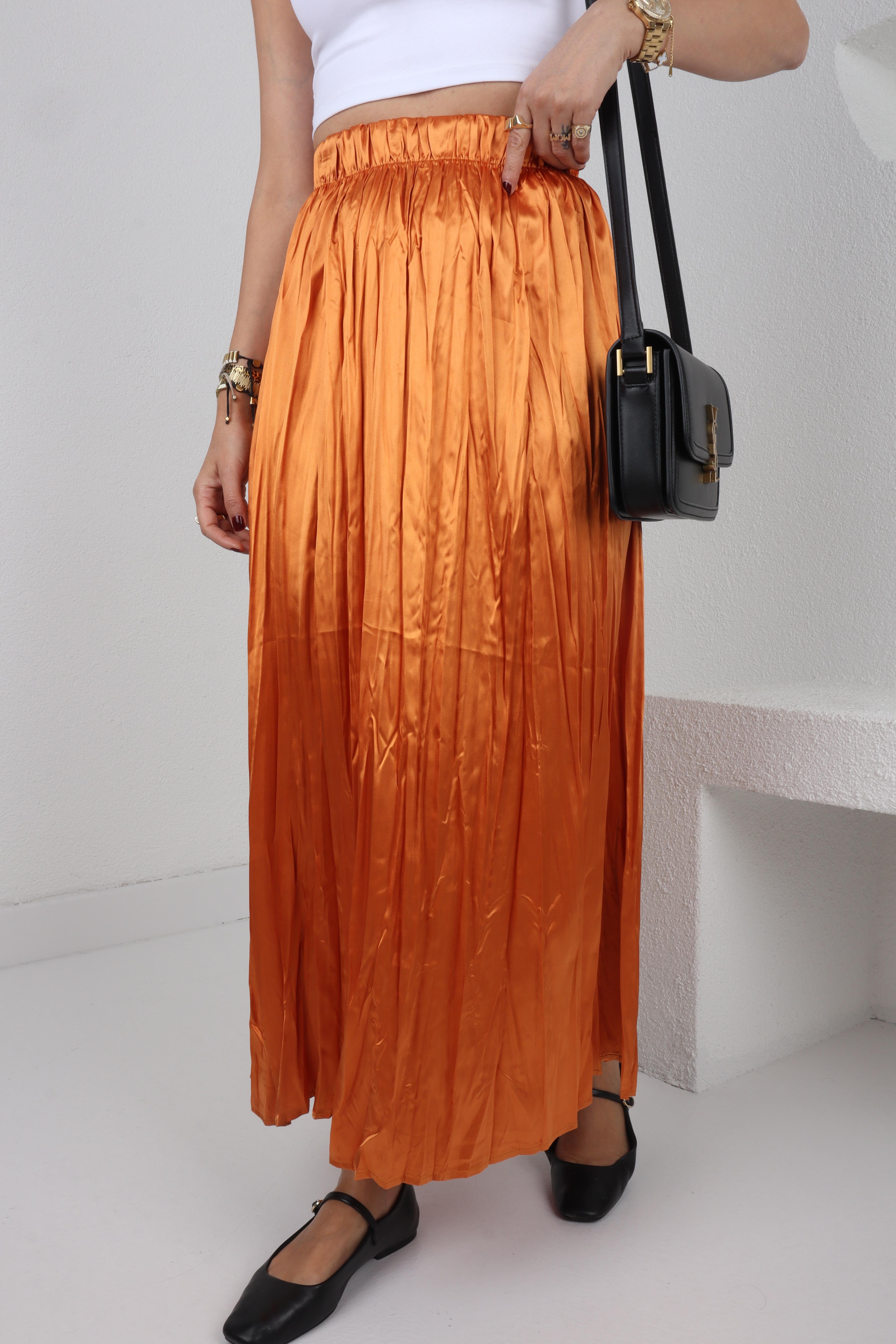 Beli Lastikli Pileli Turuncu Saten Etek ETEK