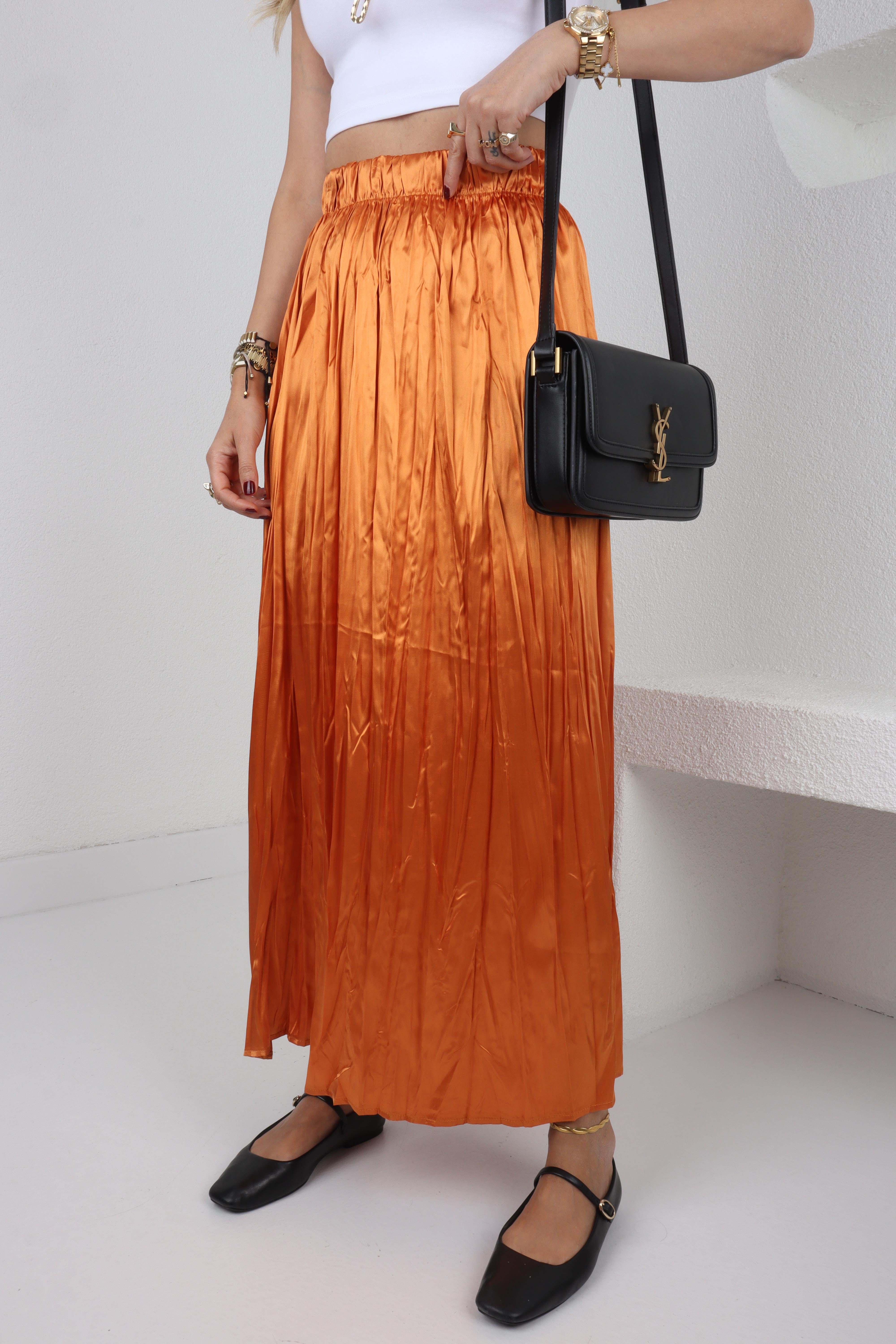 Beli Lastikli Pileli Turuncu Saten Etek ETEK