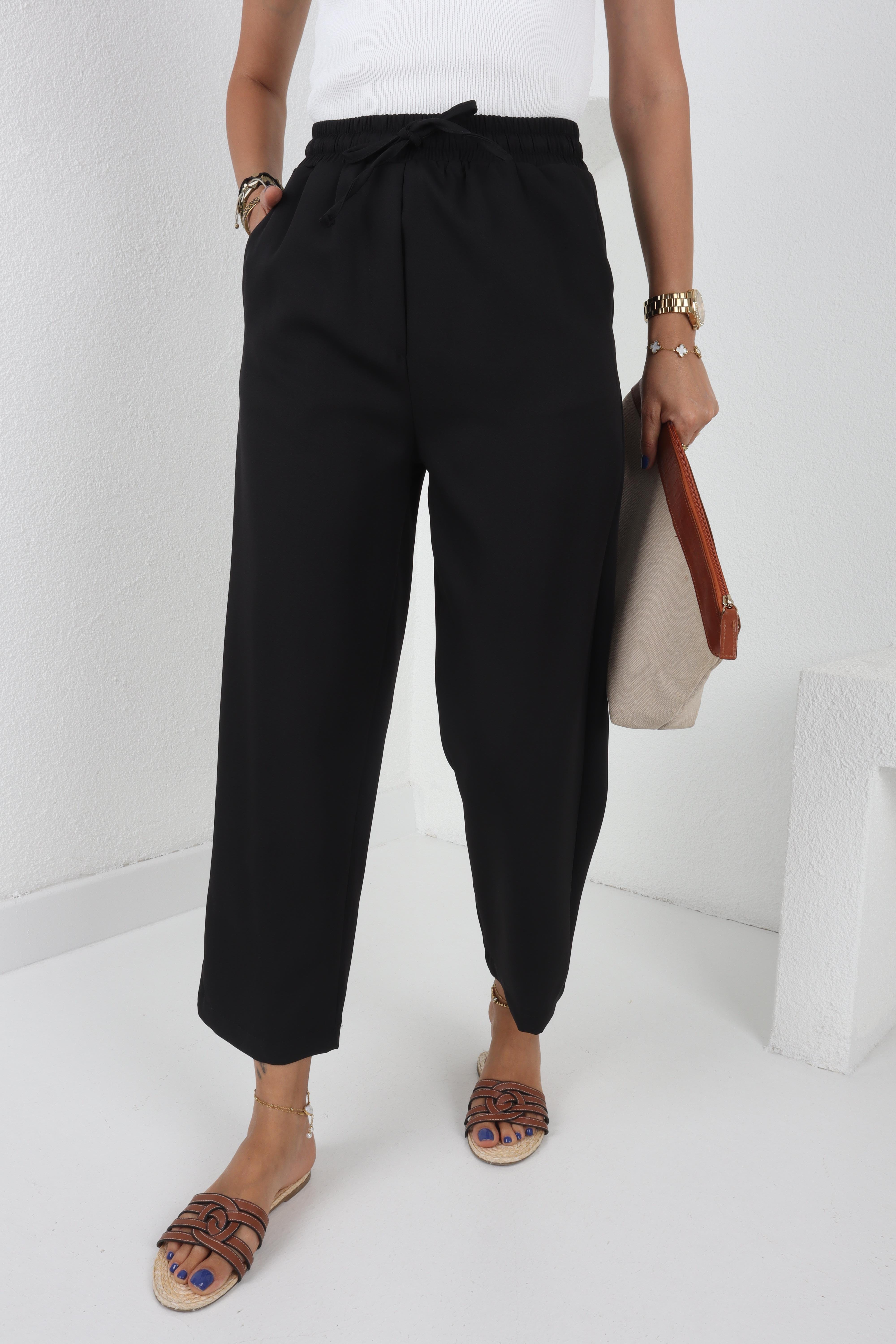 Beli Lastikli Yandan Cepli Siyah Pantolon PANTOLON