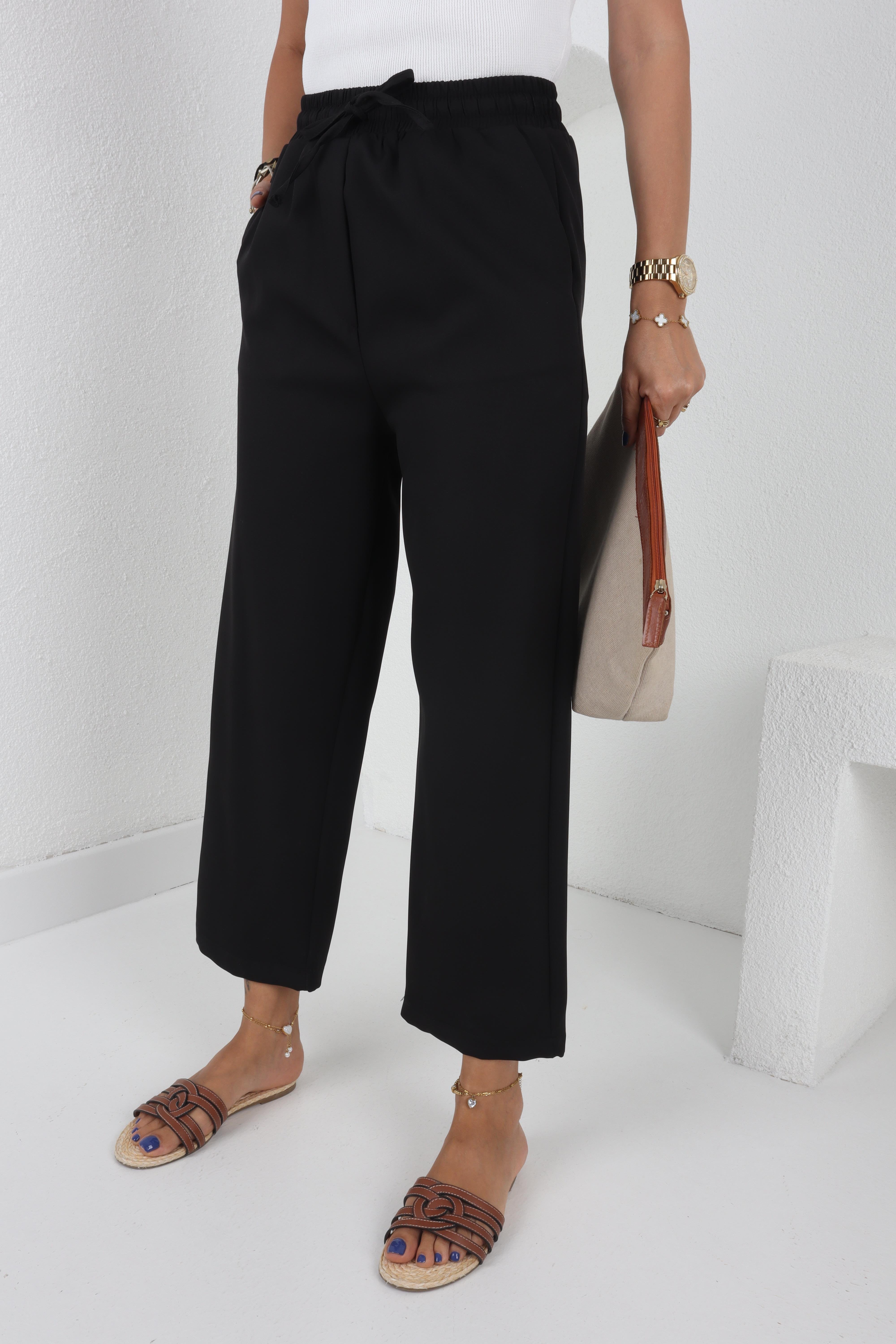 Beli Lastikli Yandan Cepli Siyah Pantolon PANTOLON