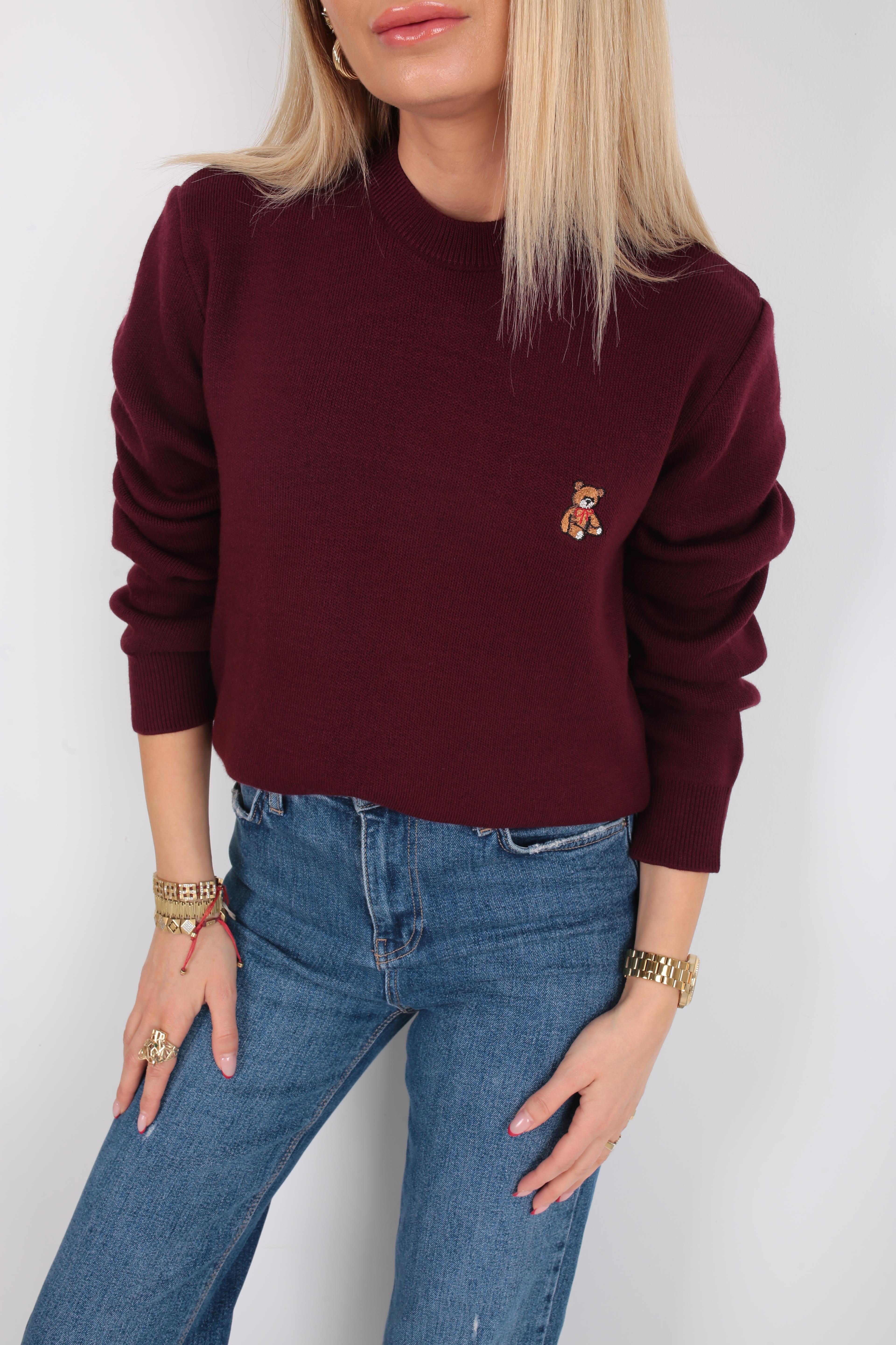 Bisiklet Yaka Ayıcık Nakışlı Bordo Kazak TRİKO VE KAZAK