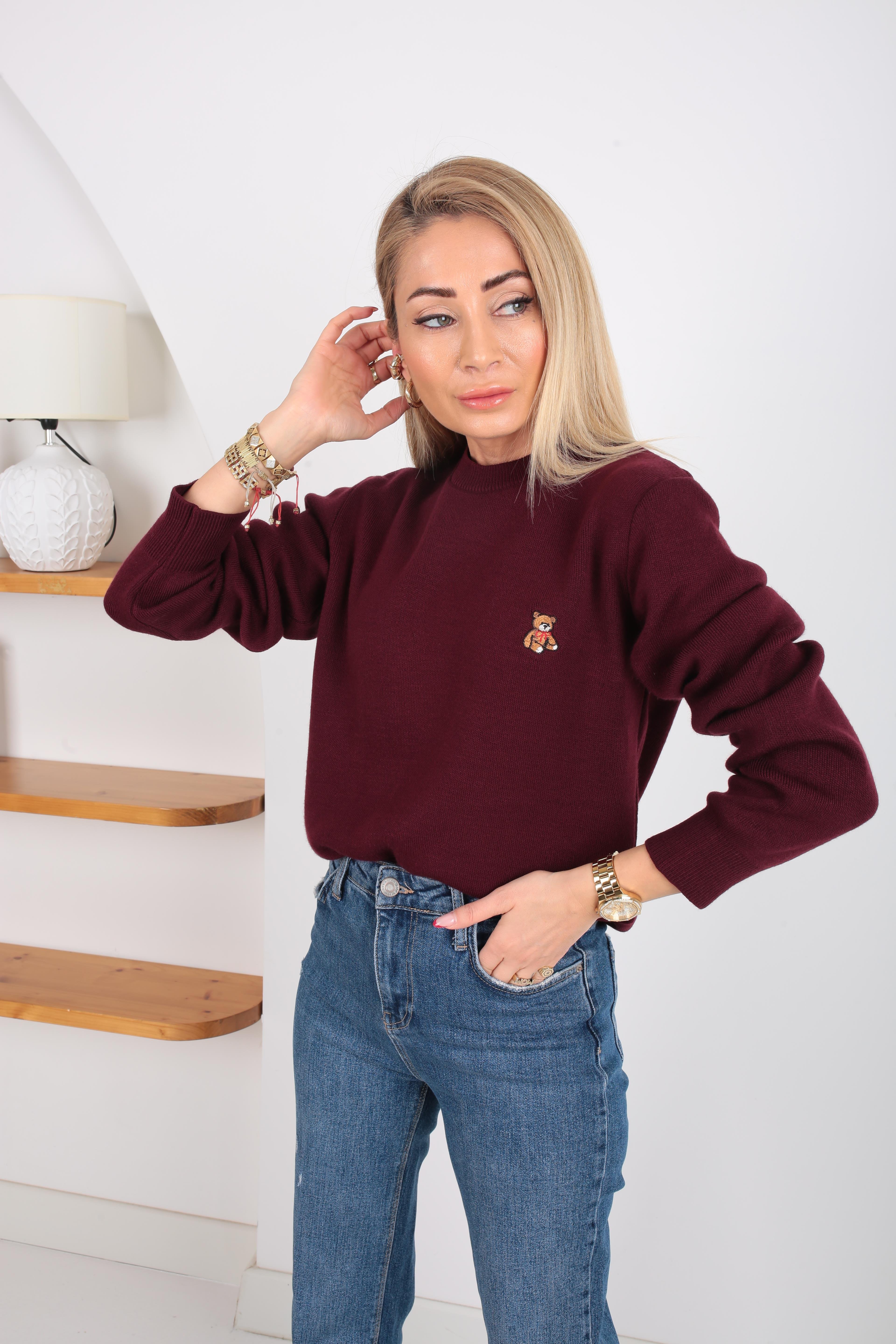 Bisiklet Yaka Ayıcık Nakışlı Bordo Kazak TRİKO VE KAZAK