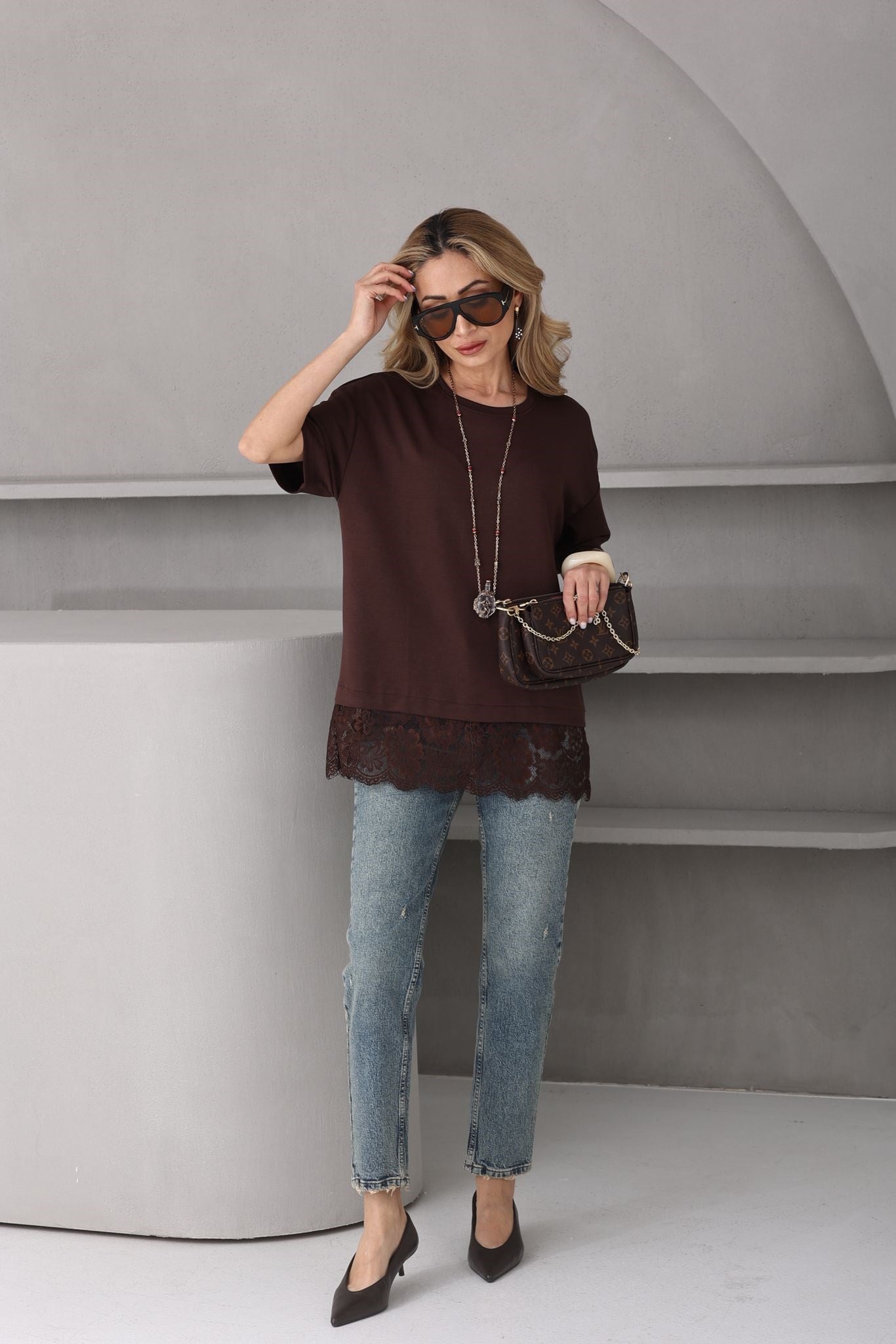 Bisiklet Yaka Dantel Detay Kahve Tshirt T-SHİRT | NO33