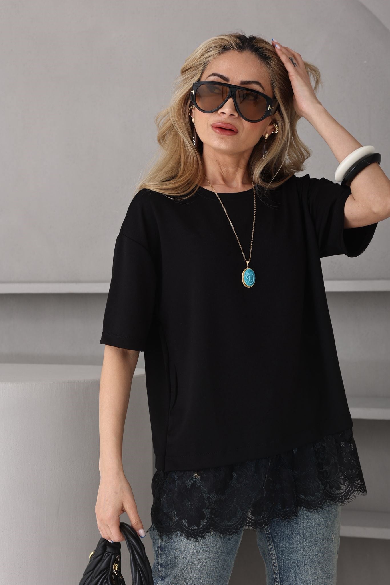 Bisiklet Yaka Dantel Detay Siyah Tshirt T-SHİRT | NO33