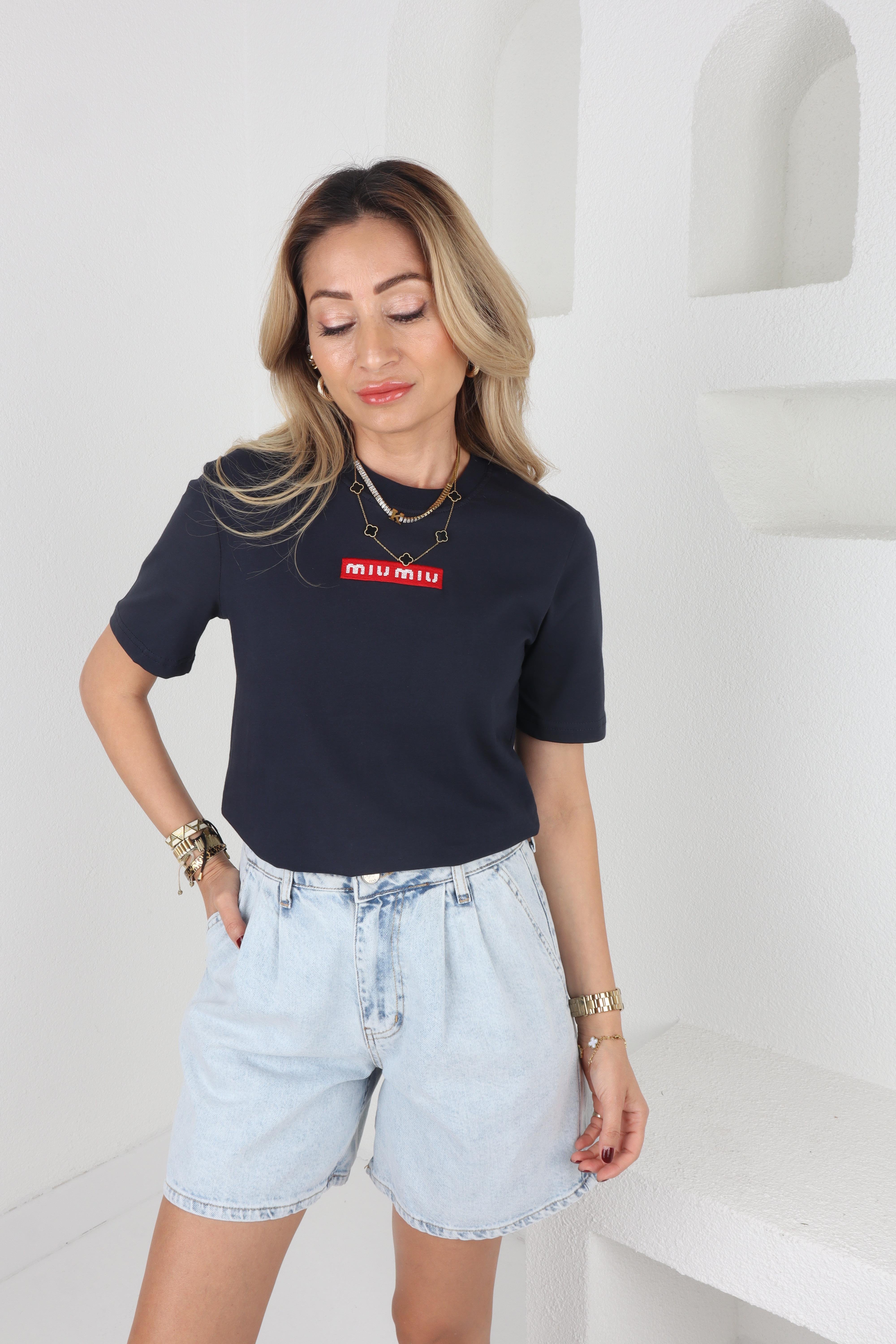Bisiklet Yaka Dolgu Nakışlı Lacivert Tshirt T-SHİRT