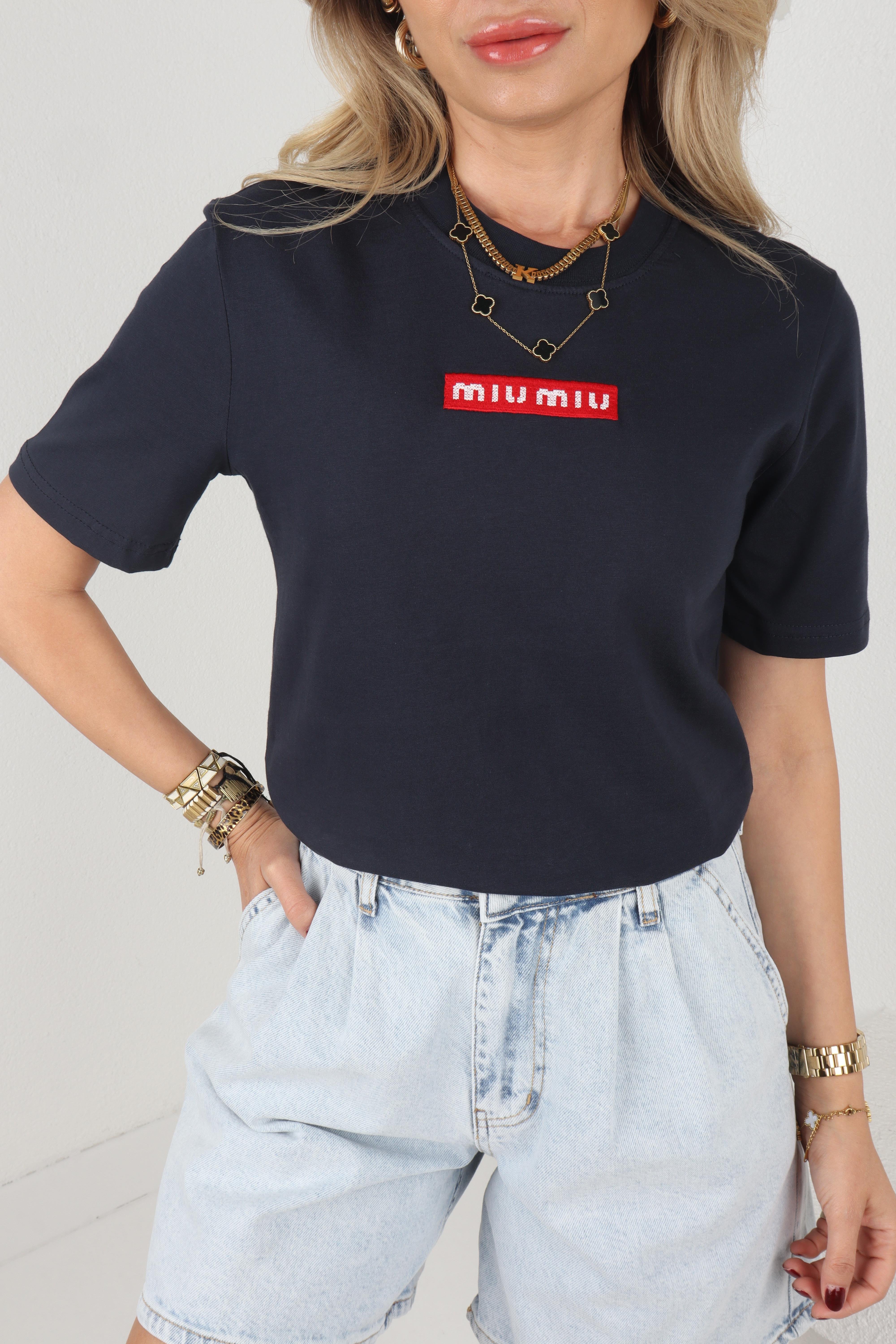 Bisiklet Yaka Dolgu Nakışlı Lacivert Tshirt T-SHİRT