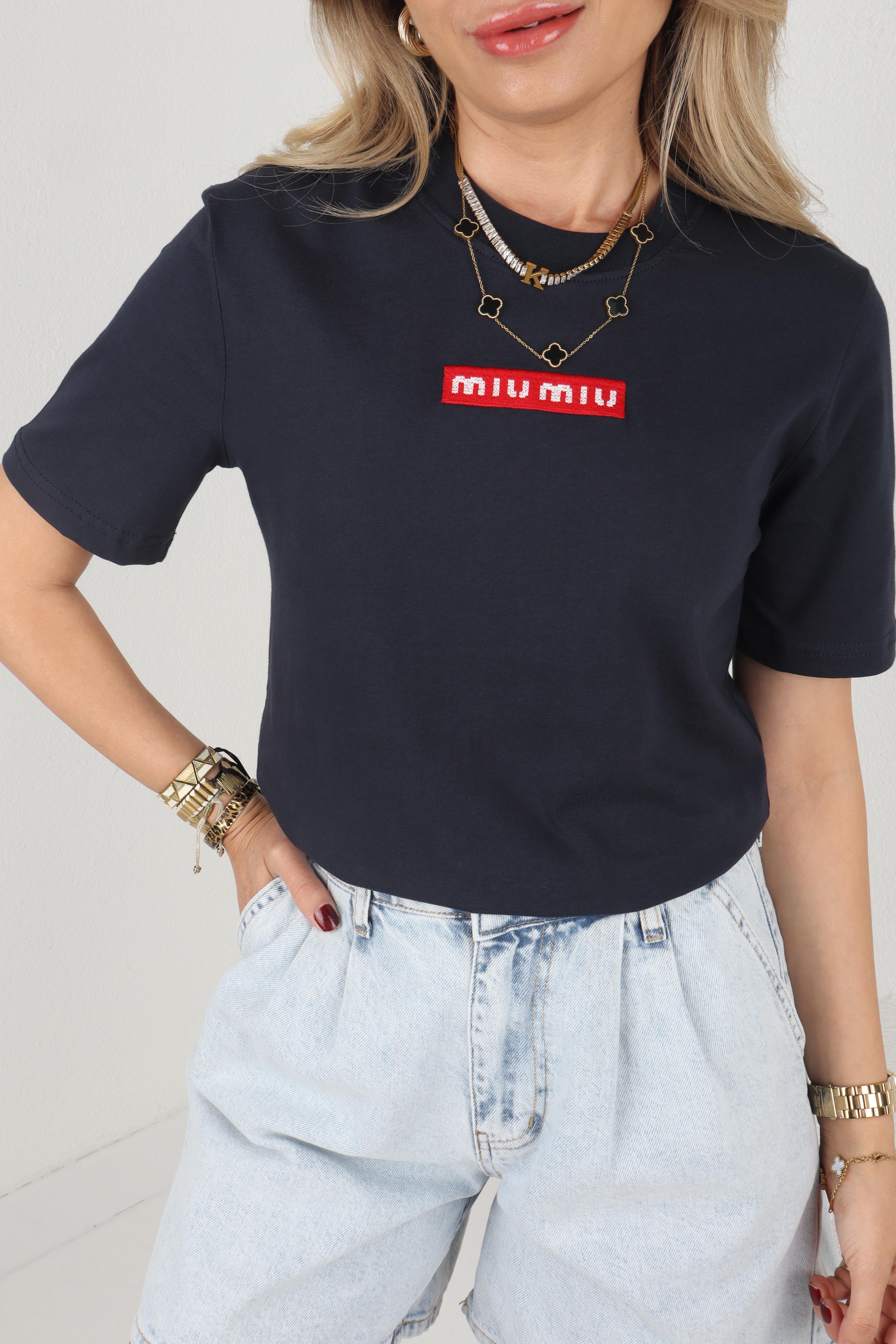Bisiklet Yaka Dolgu Nakışlı Lacivert Tshirt T-SHİRT