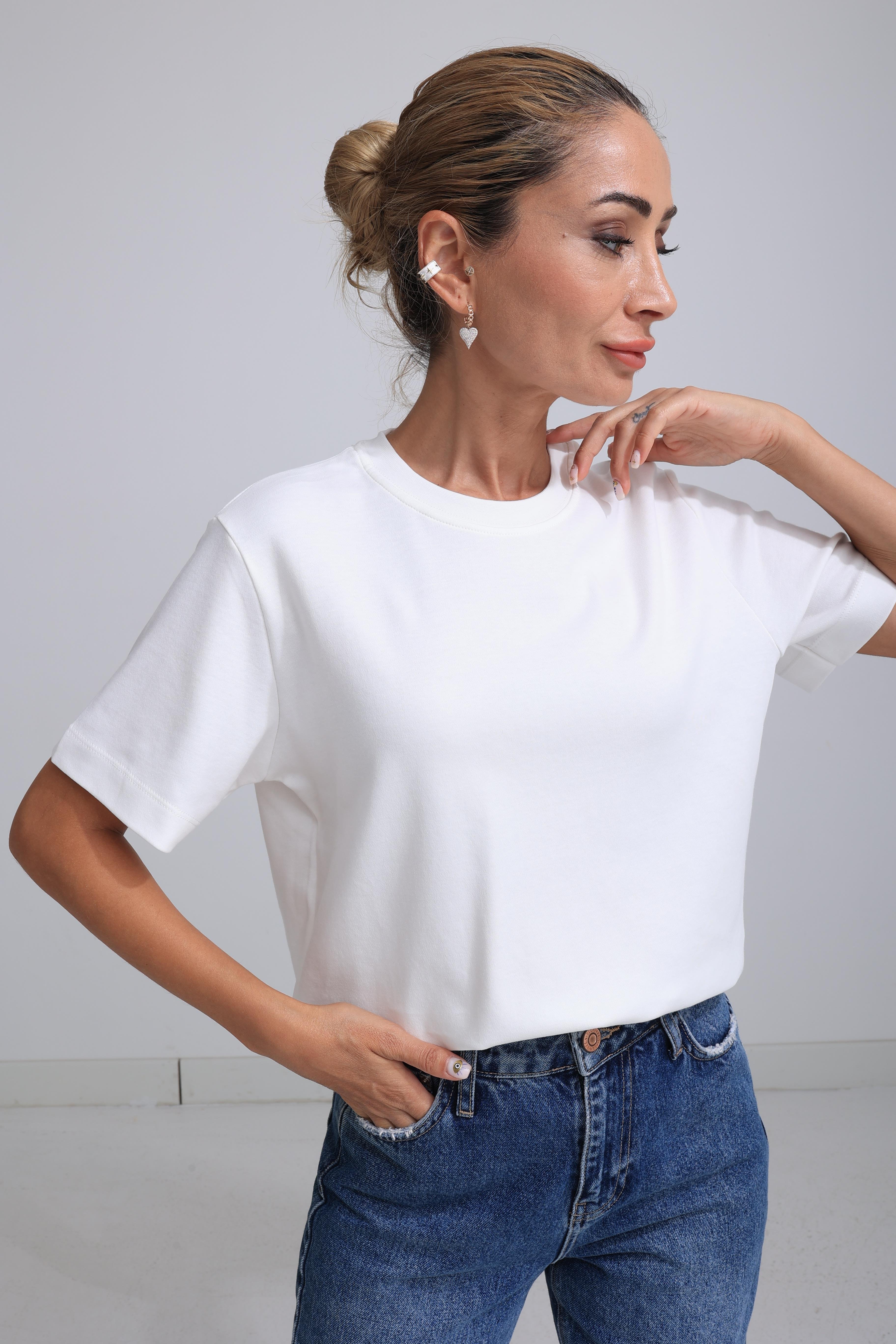 Bisiklet Yaka Ekru Basic Tshirt T-SHİRT | NO33