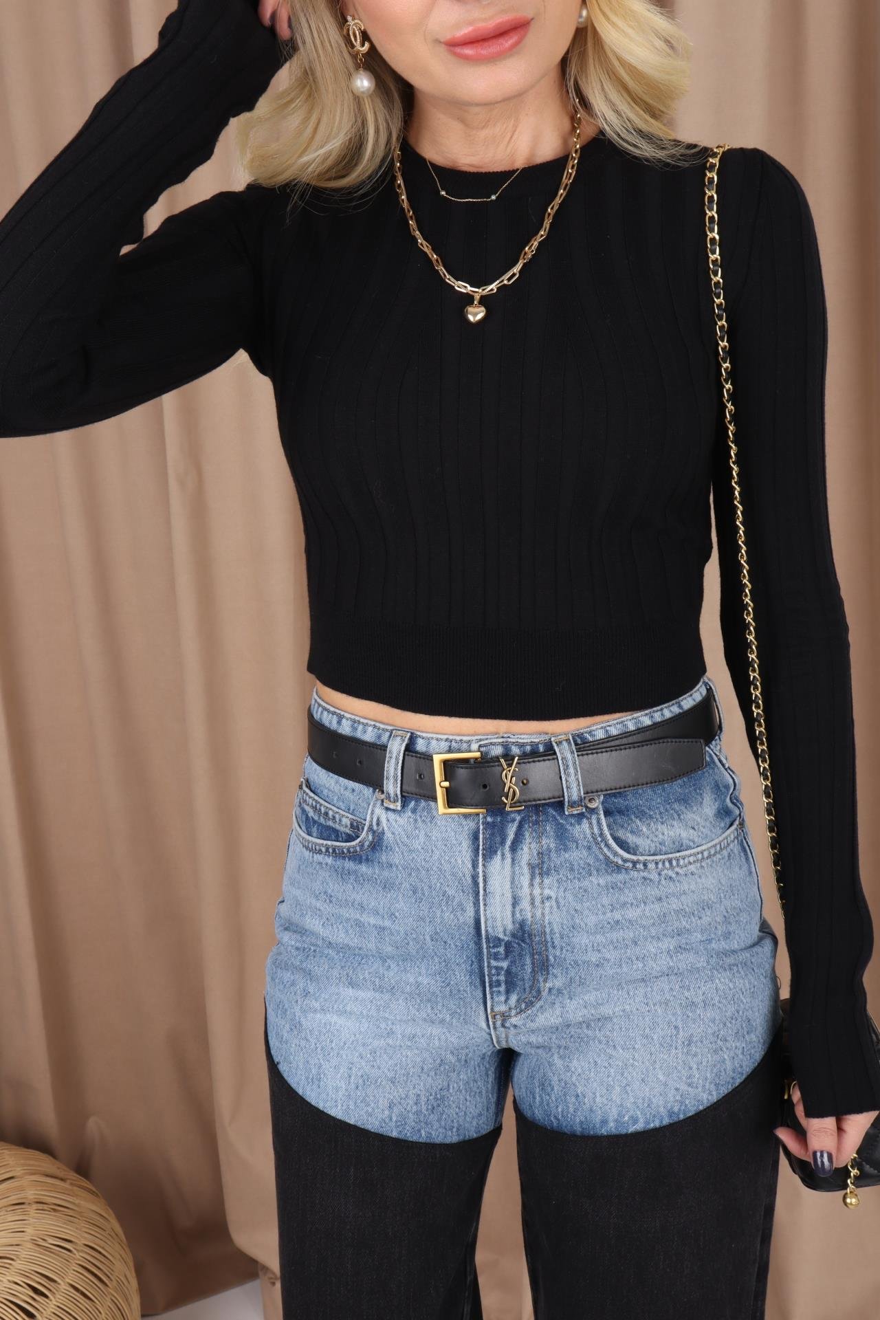 Bisiklet Yaka Fitilli Siyah Crop Kazak TRİKO VE KAZAK