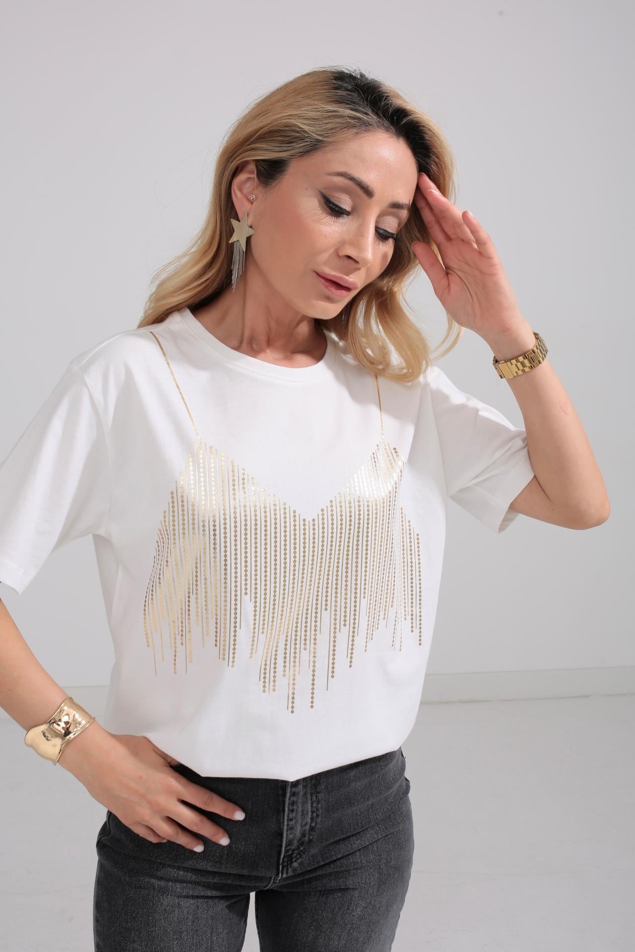 Bisiklet Yaka Gold Baskılı Ekru Tshirt T-SHİRT | NO33