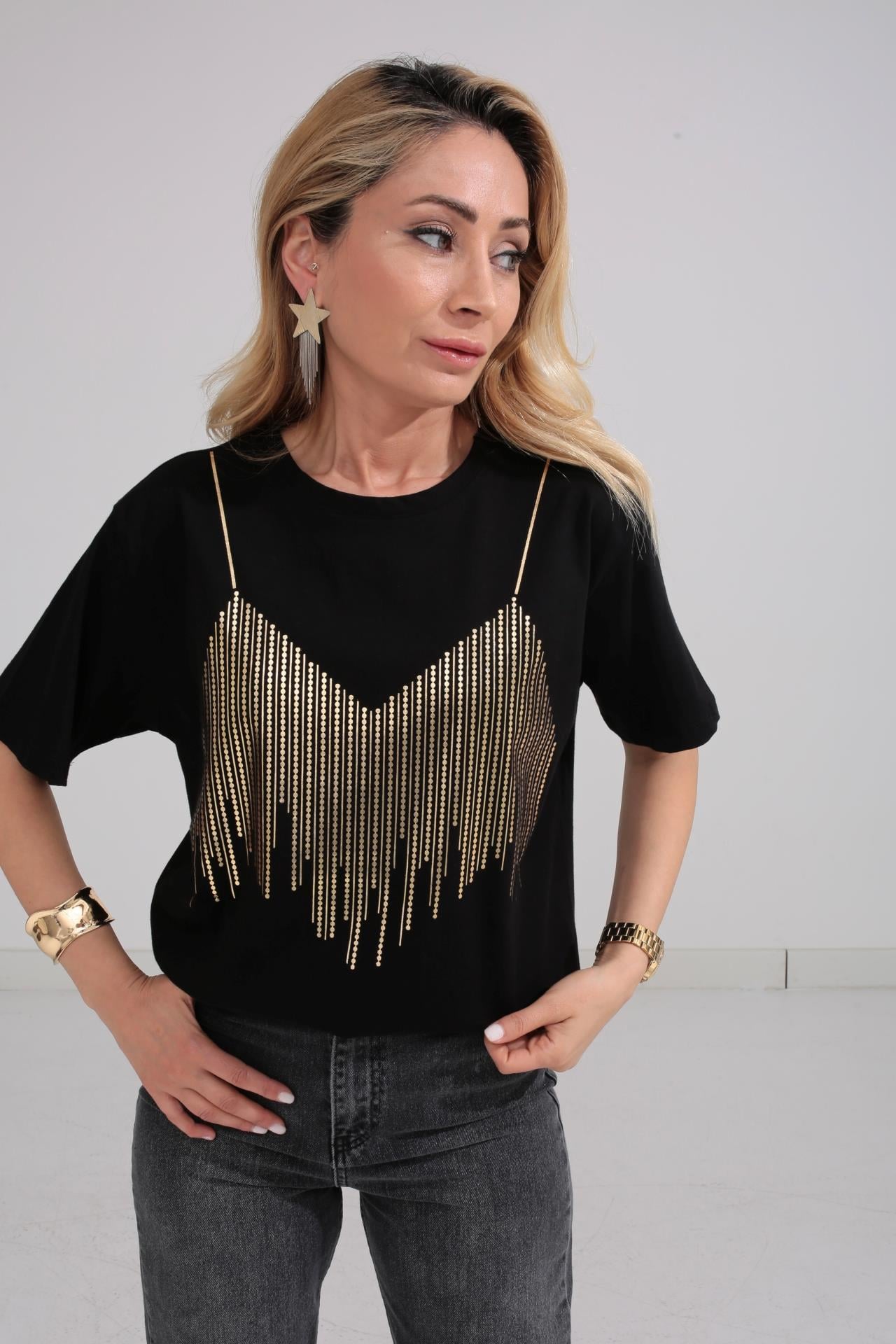 Bisiklet Yaka Gold Baskılı Siyah Tshirt T-SHİRT | NO33