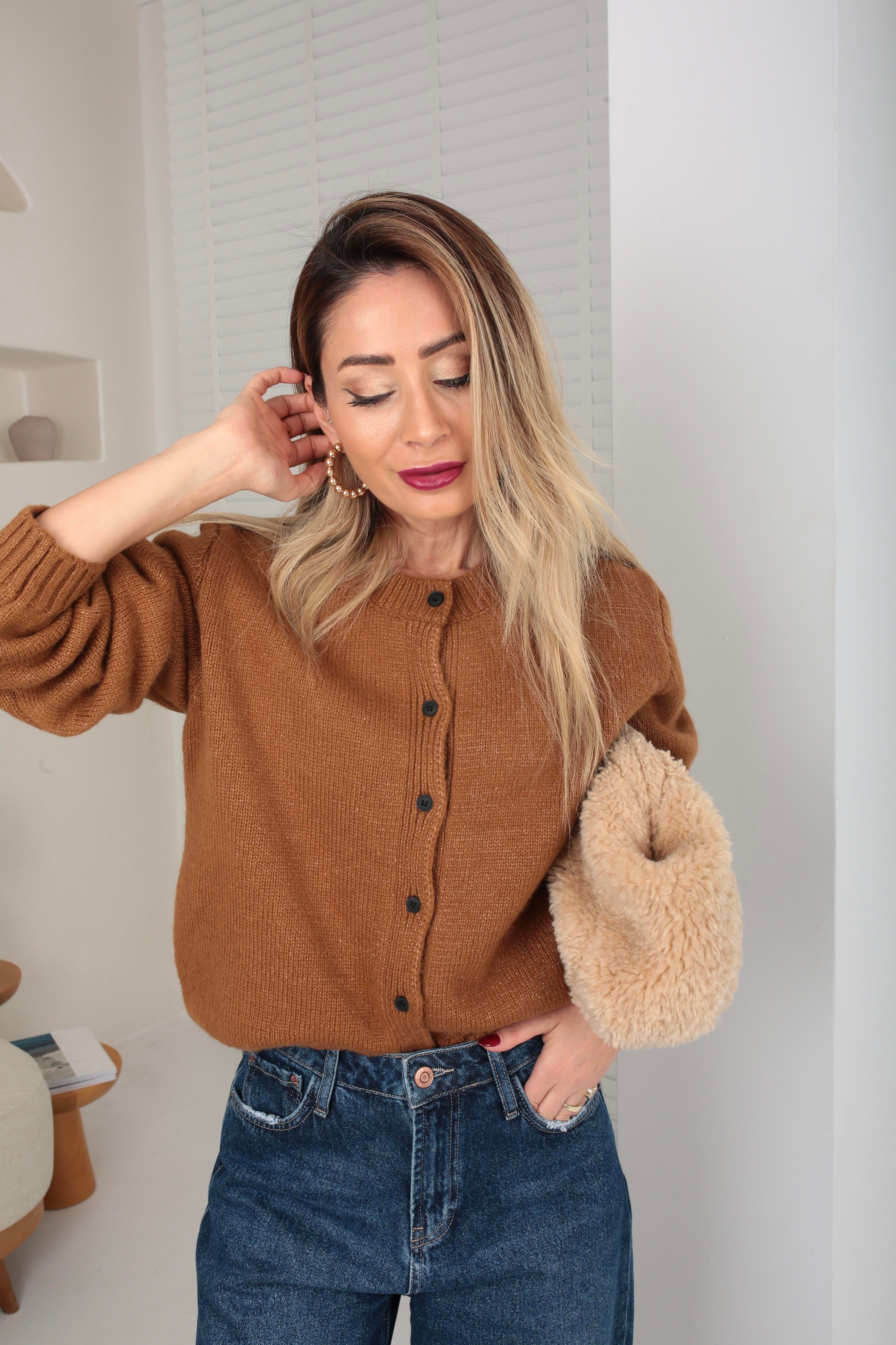 Bisiklet Yaka Küçük Düğmeli Camel Hırka HIRKA