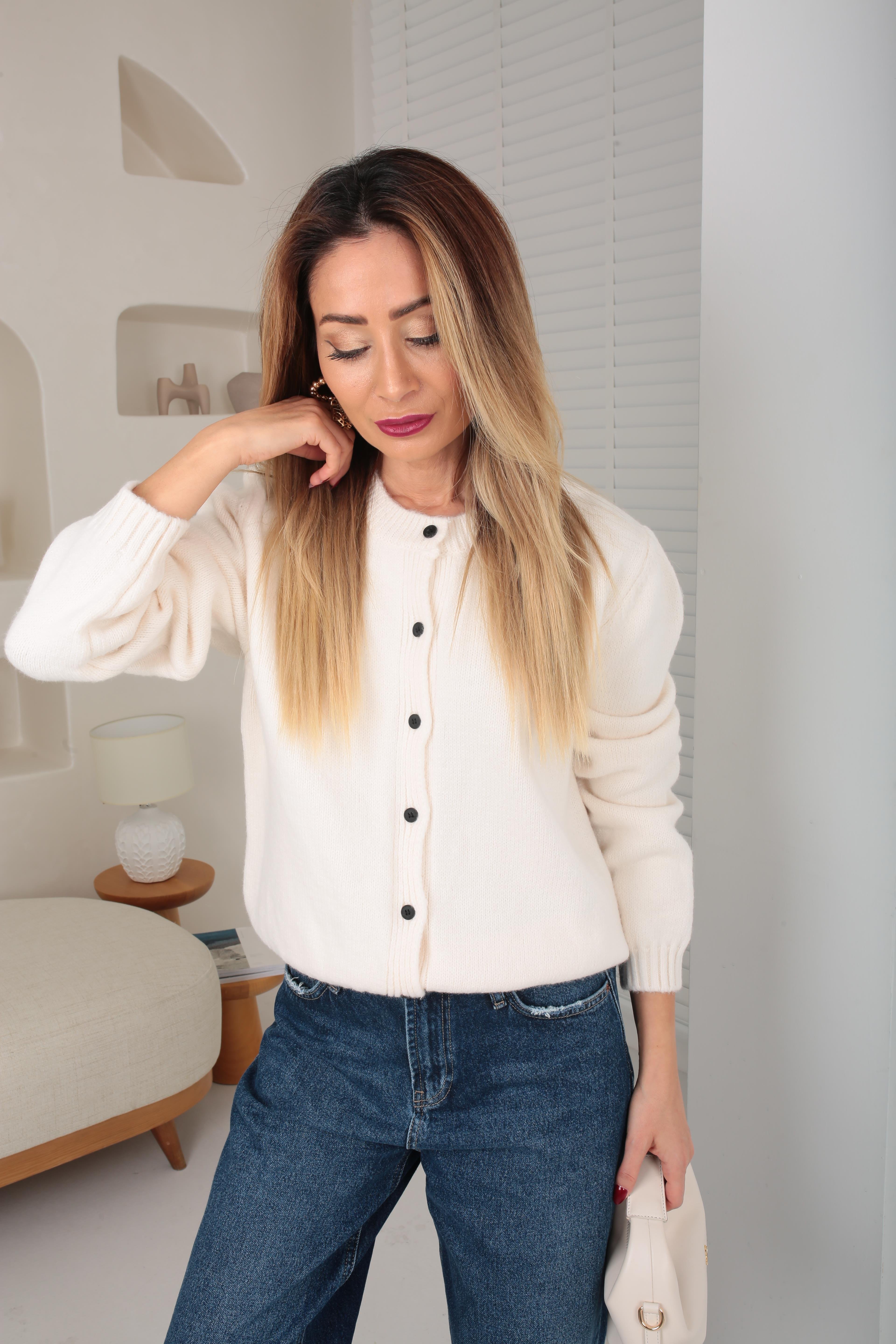 Bisiklet Yaka Küçük Düğmeli Ekru Hırka HIRKA