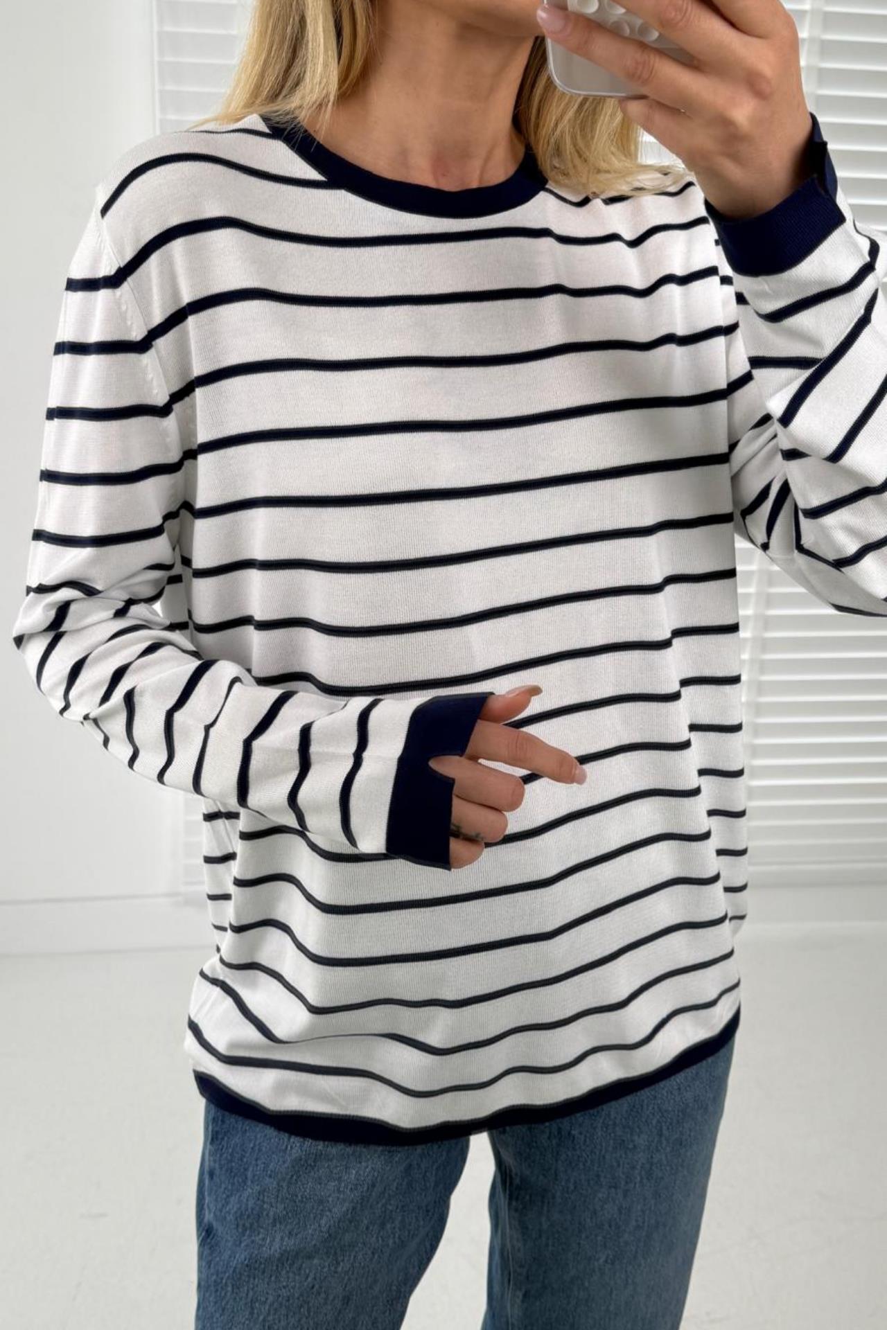 Bisiklet Yaka Lacivert Çizgili Mevsimlik Triko TRİKO VE KAZAK