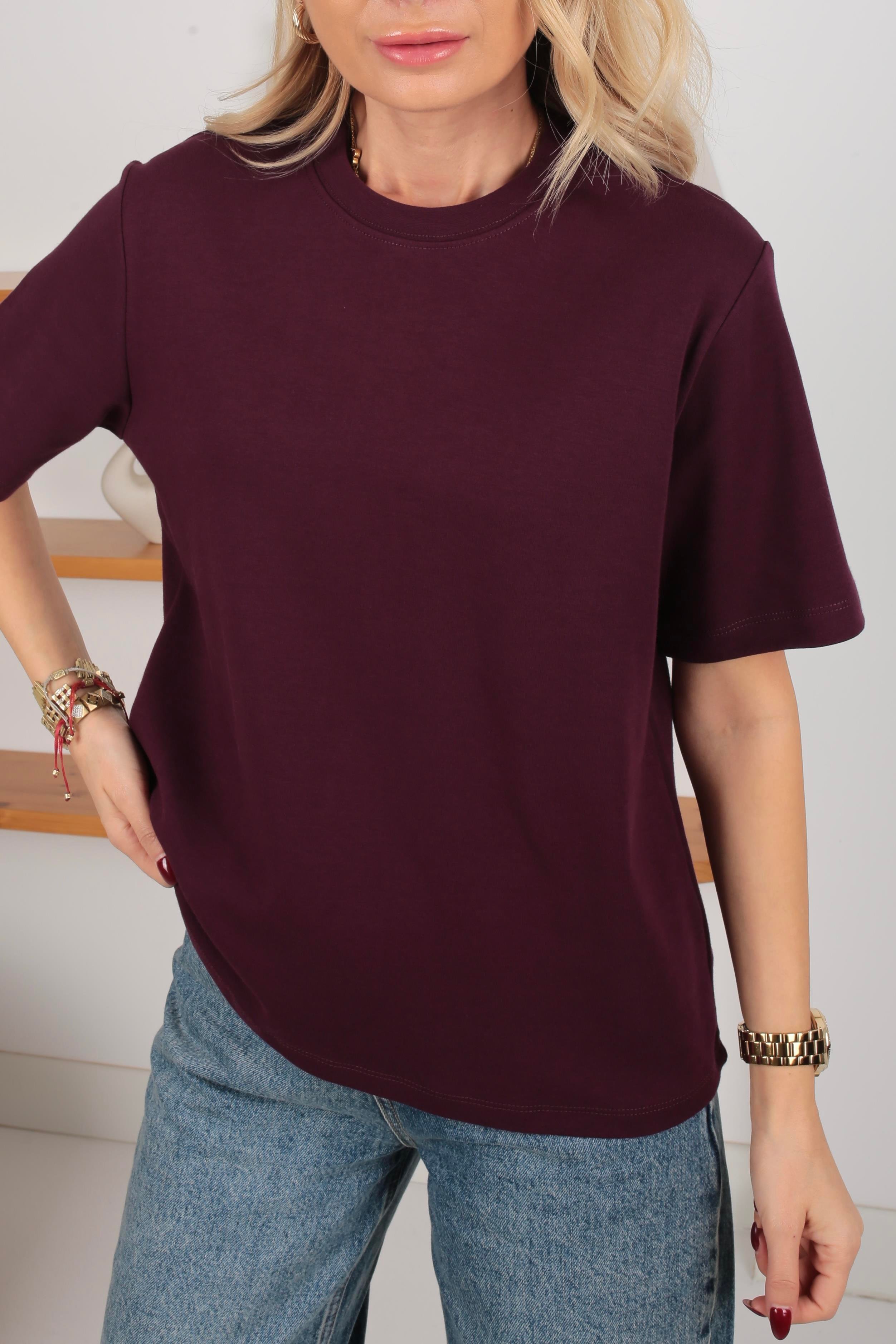 Bisiklet Yaka Mürdüm Basic Tshirt T-SHİRT