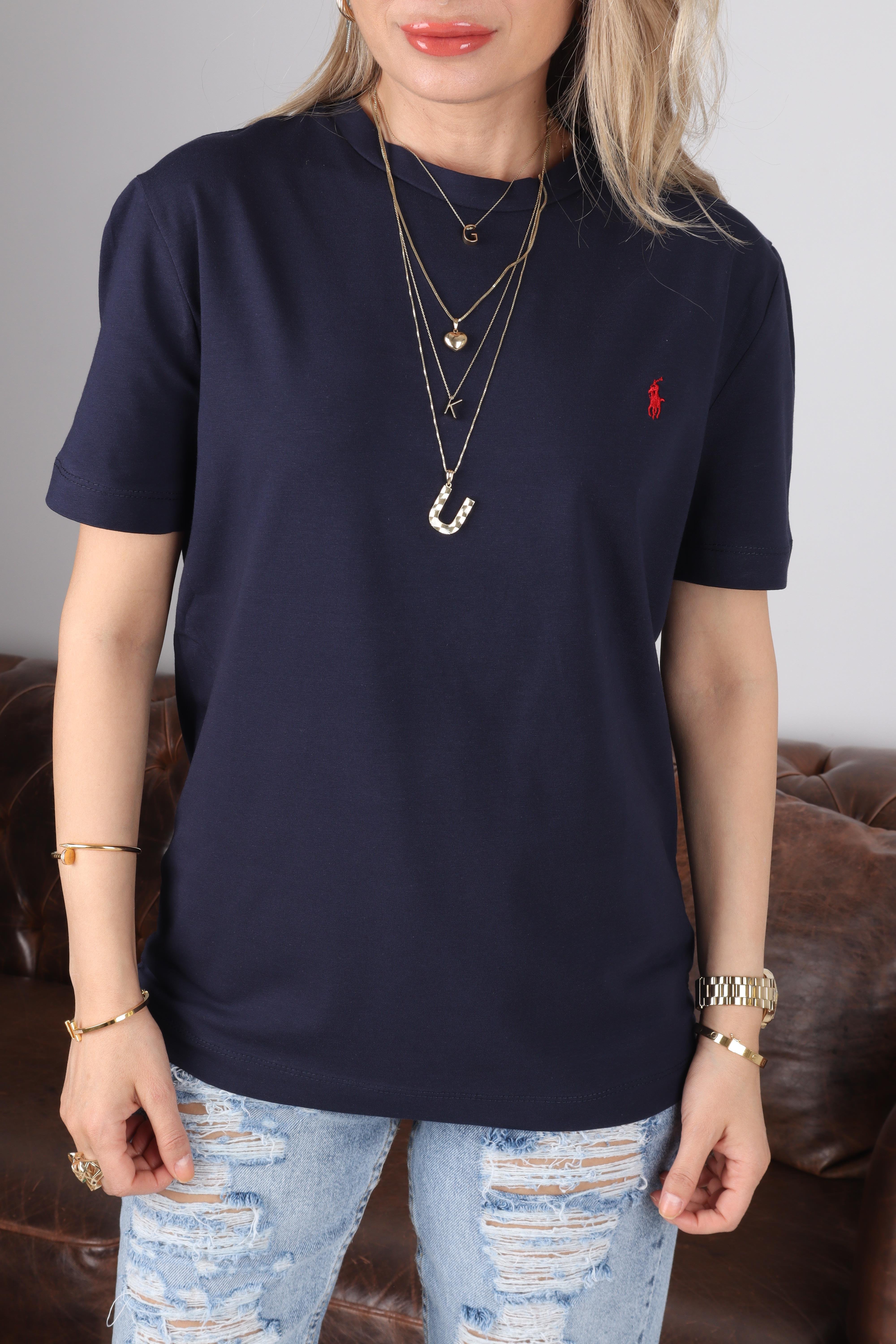 Bisiklet Yaka Nakışlı Lacivert  Basic Tshirt T-SHİRT