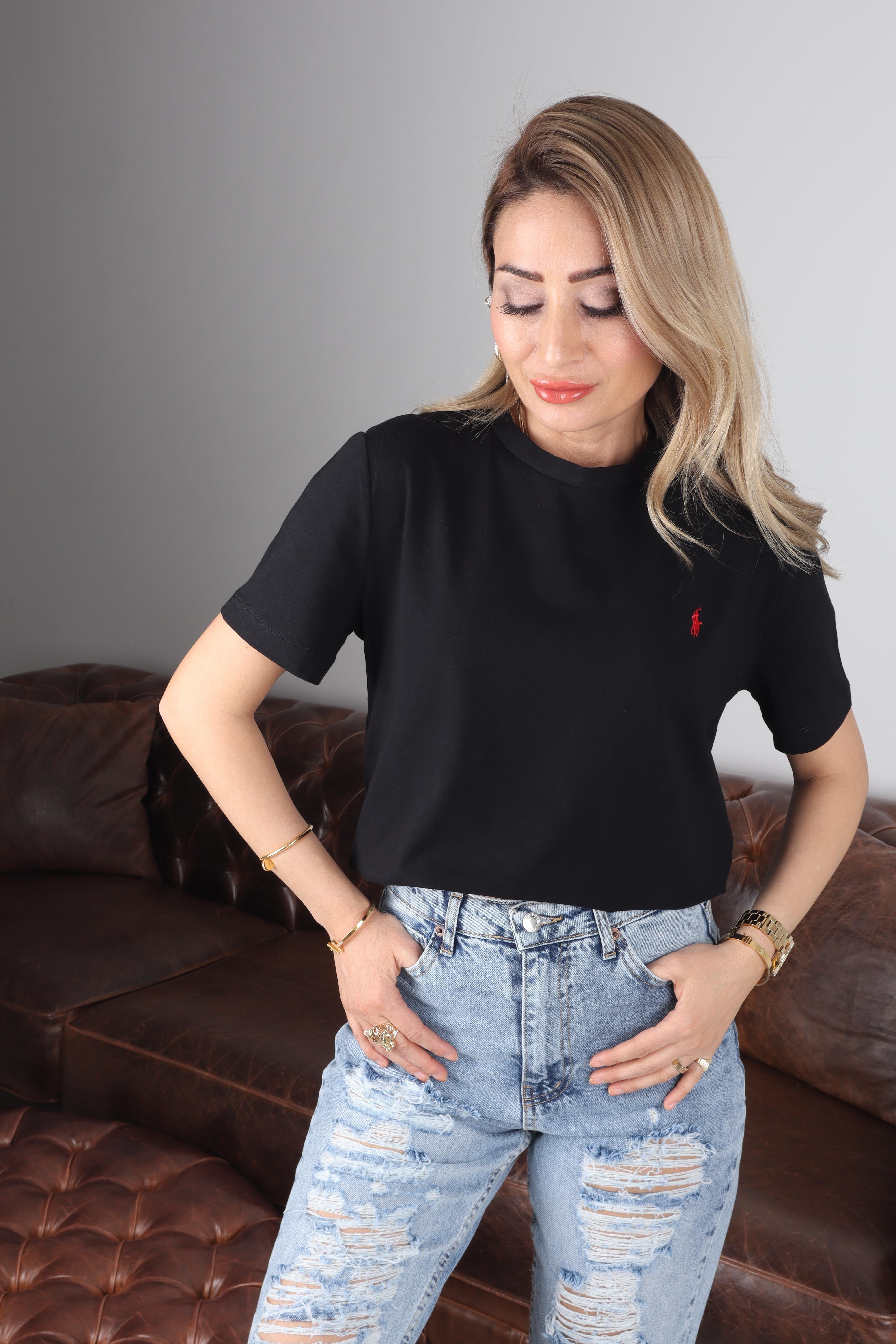 Bisiklet Yaka Nakışlı Siyah Basic Tshirt T-SHİRT