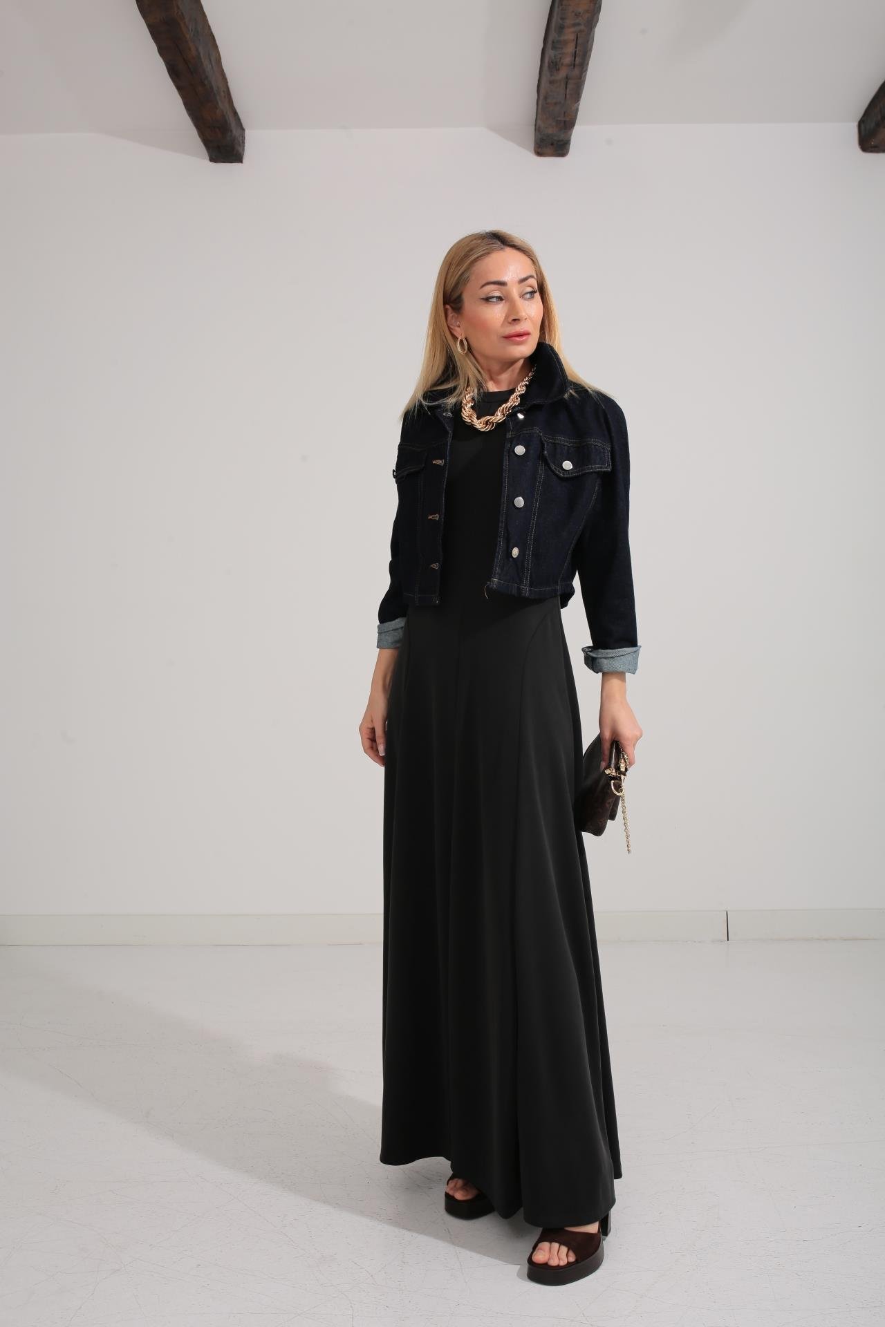 Bisiklet Yaka Parçalı Kaşkorse Füme Elbise ELBİSE