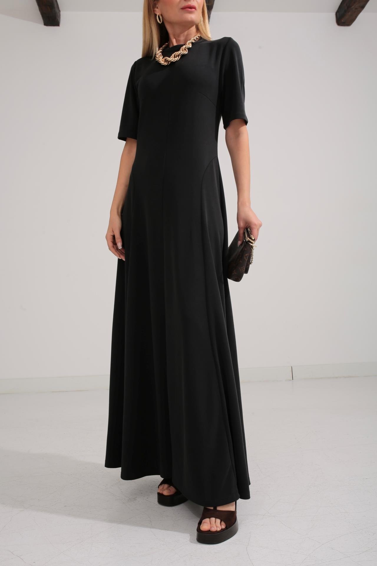 Bisiklet Yaka Parçalı Kaşkorse Füme Elbise ELBİSE