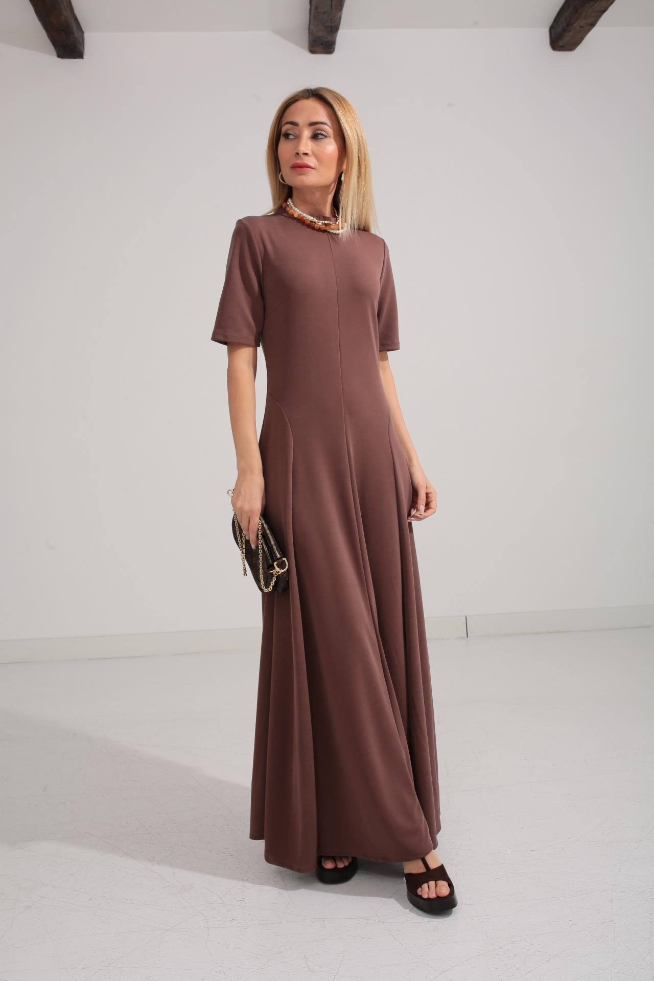 Bisiklet Yaka Parçalı Kaşkorse Kahve Elbise ELBİSE