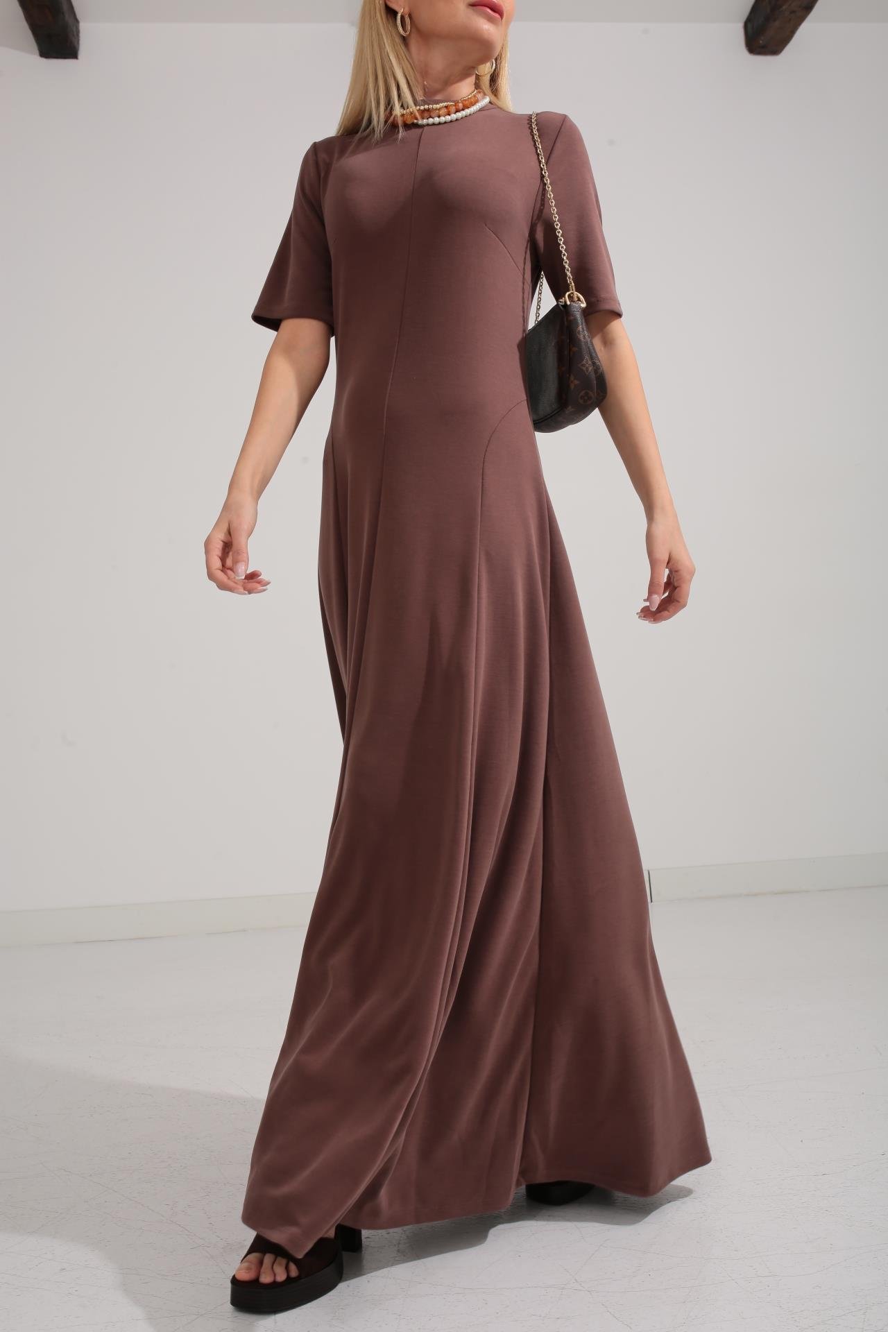 Bisiklet Yaka Parçalı Kaşkorse Kahve Elbise ELBİSE