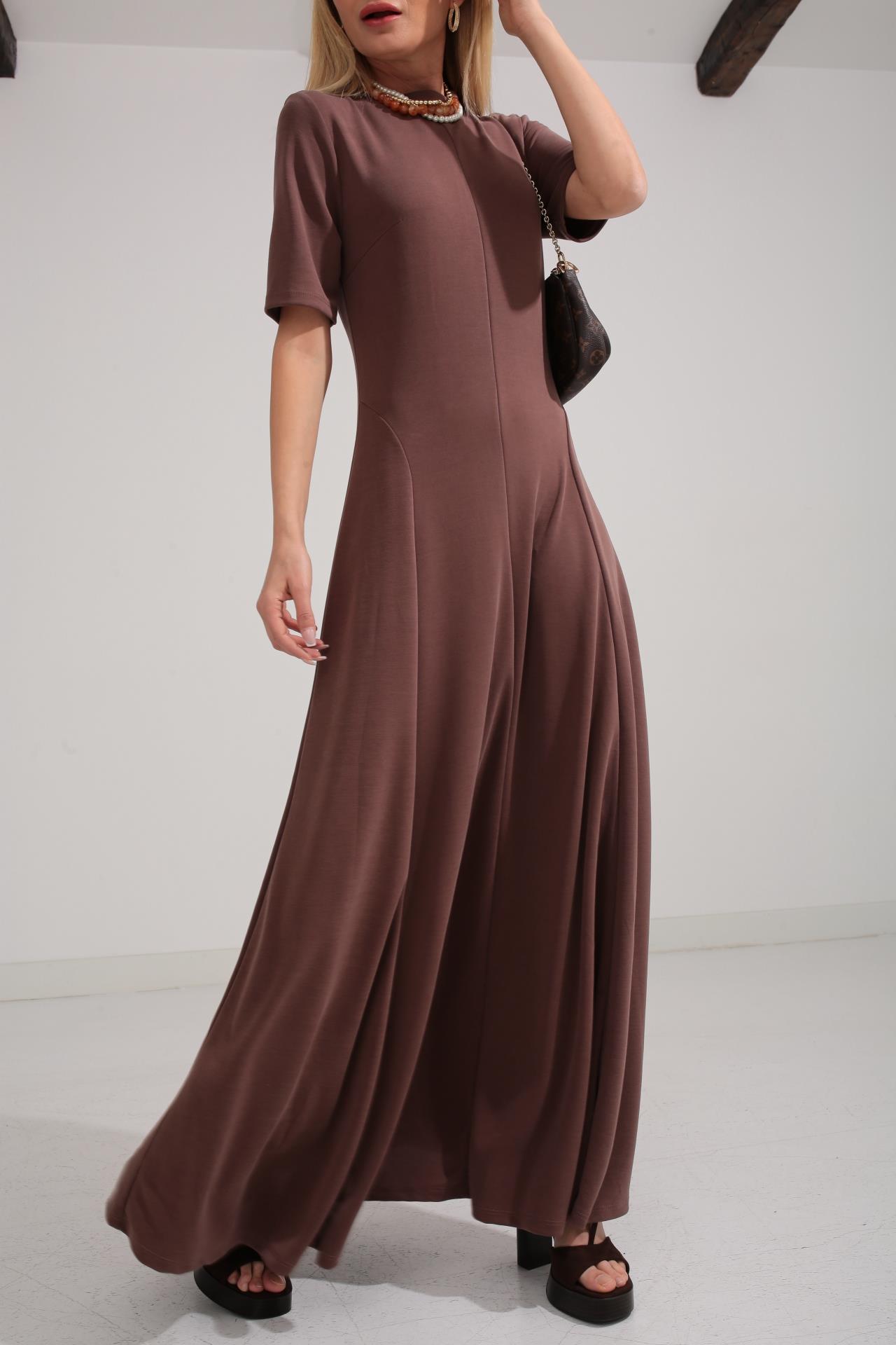 Bisiklet Yaka Parçalı Kaşkorse Kahve Elbise ELBİSE