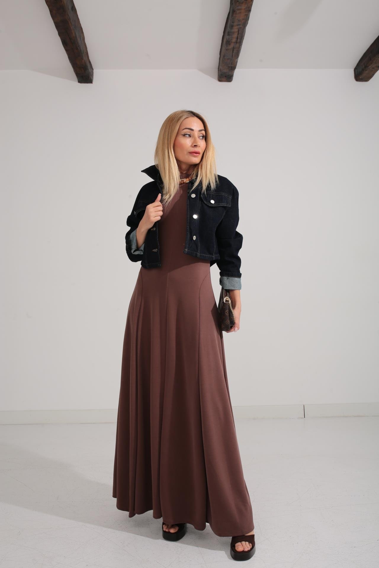 Bisiklet Yaka Parçalı Kaşkorse Kahve Elbise ELBİSE