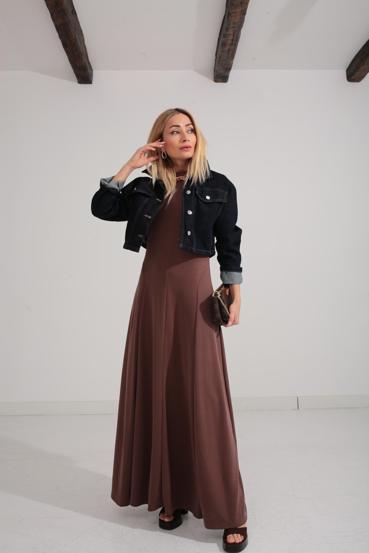 Bisiklet Yaka Parçalı Kaşkorse Kahve Elbise ELBİSE