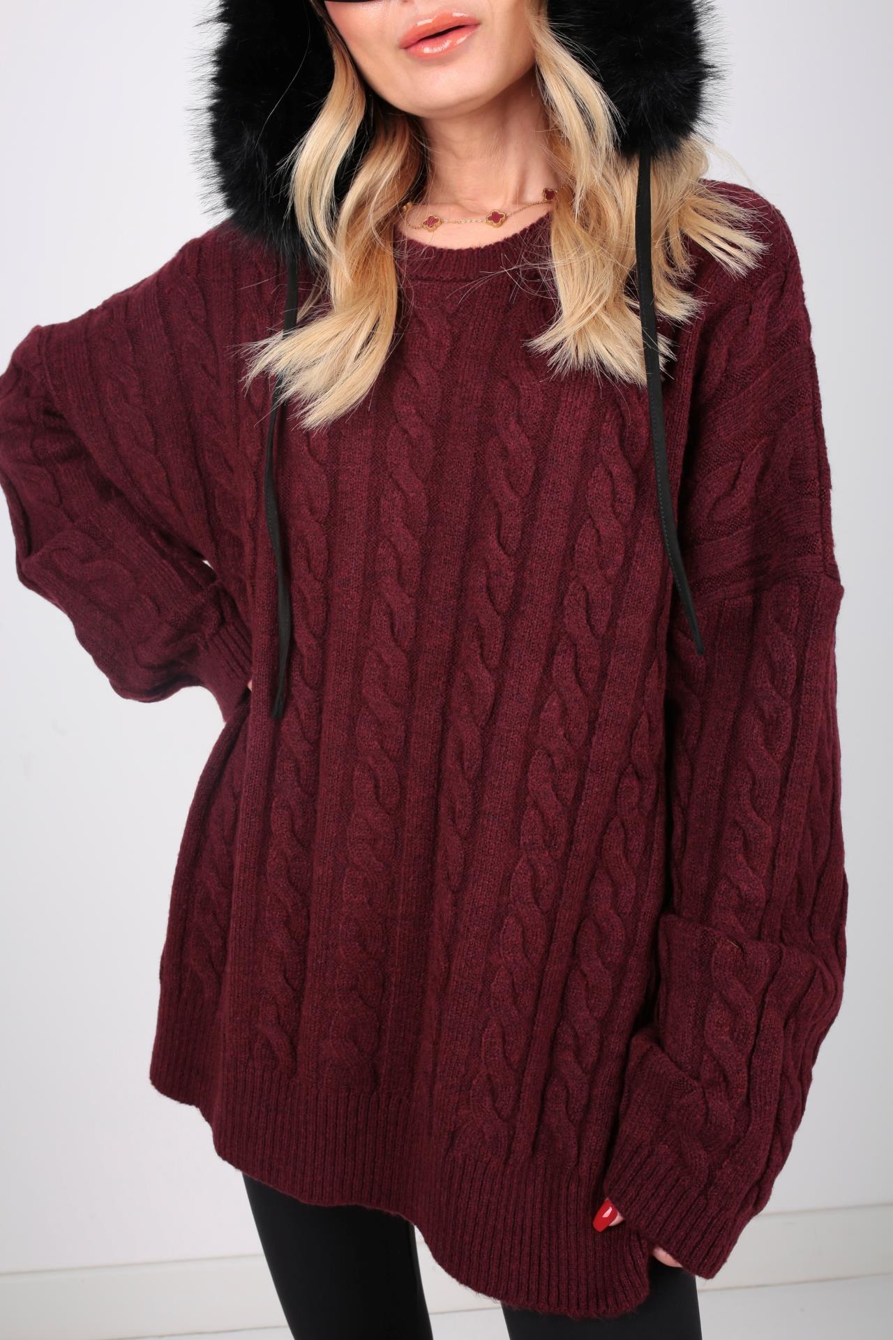 Bisiklet Yaka Saç Örgülü Bordo Kazak TRİKO VE KAZAK