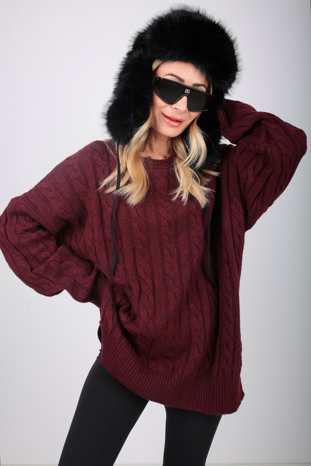 Bisiklet Yaka Saç Örgülü Bordo Kazak TRİKO VE KAZAK