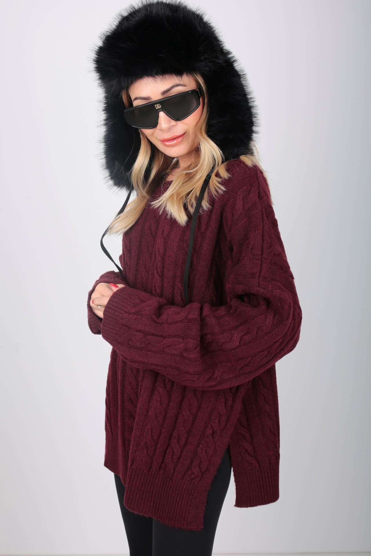 Bisiklet Yaka Saç Örgülü Bordo Kazak TRİKO VE KAZAK