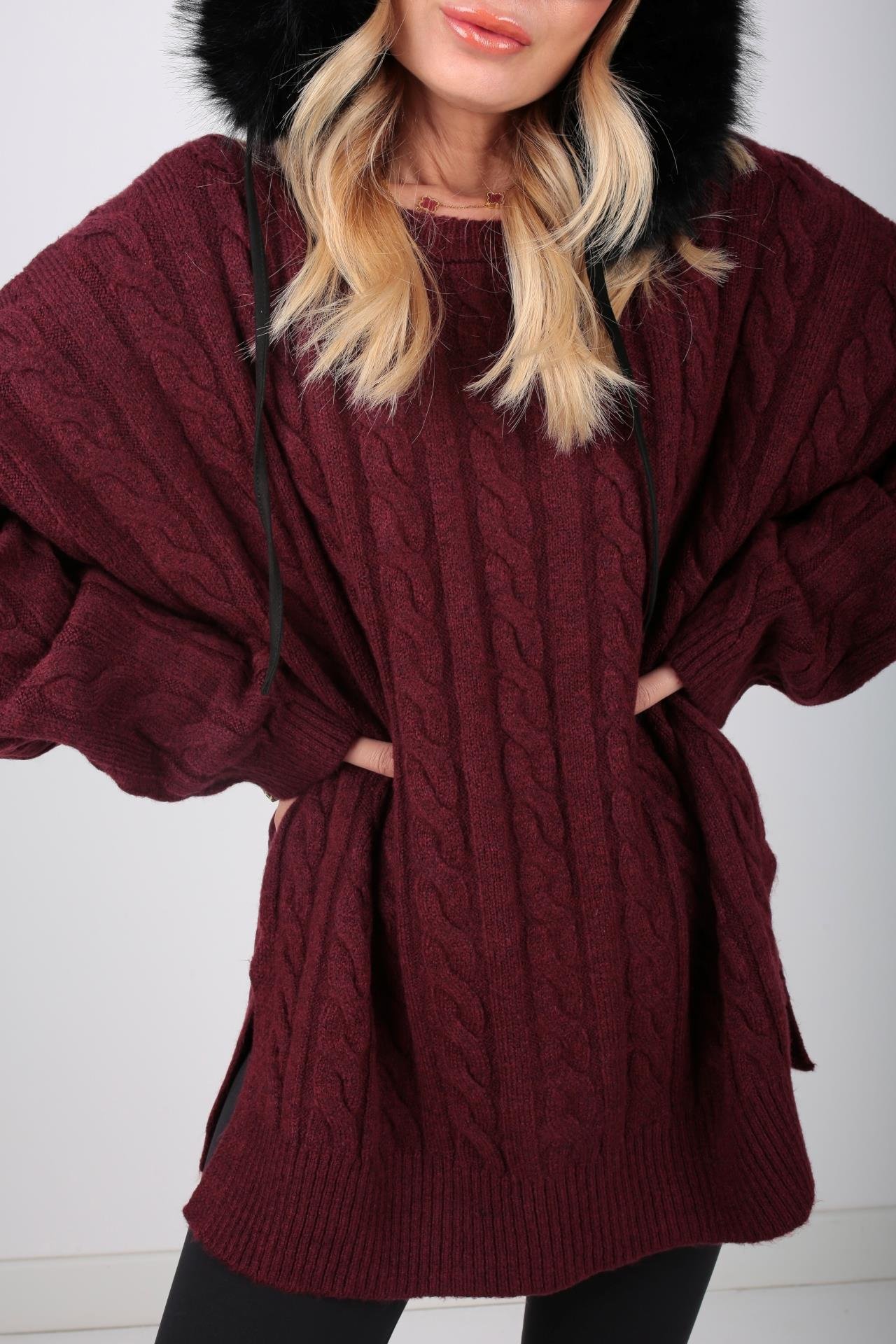 Bisiklet Yaka Saç Örgülü Bordo Kazak TRİKO VE KAZAK