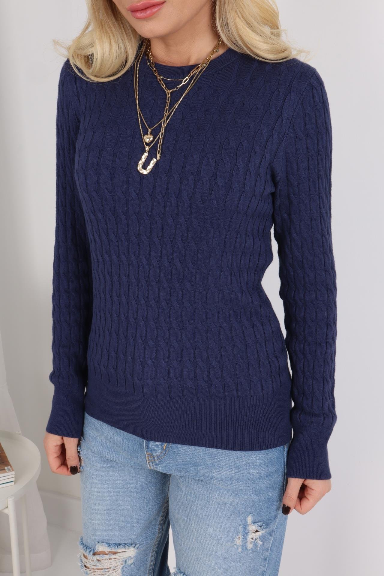 Bisiklet Yaka Saç Örgülü Lacivert Kazak TRİKO VE KAZAK