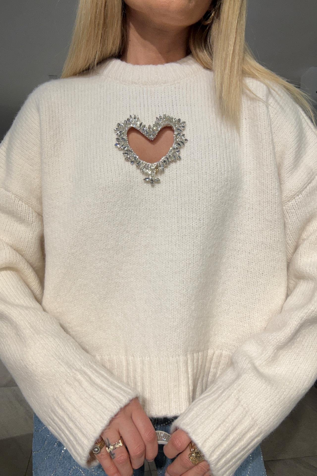 Bisiklet Yaka Taş İşli Ekru Basic Kazak TRİKO VE KAZAK