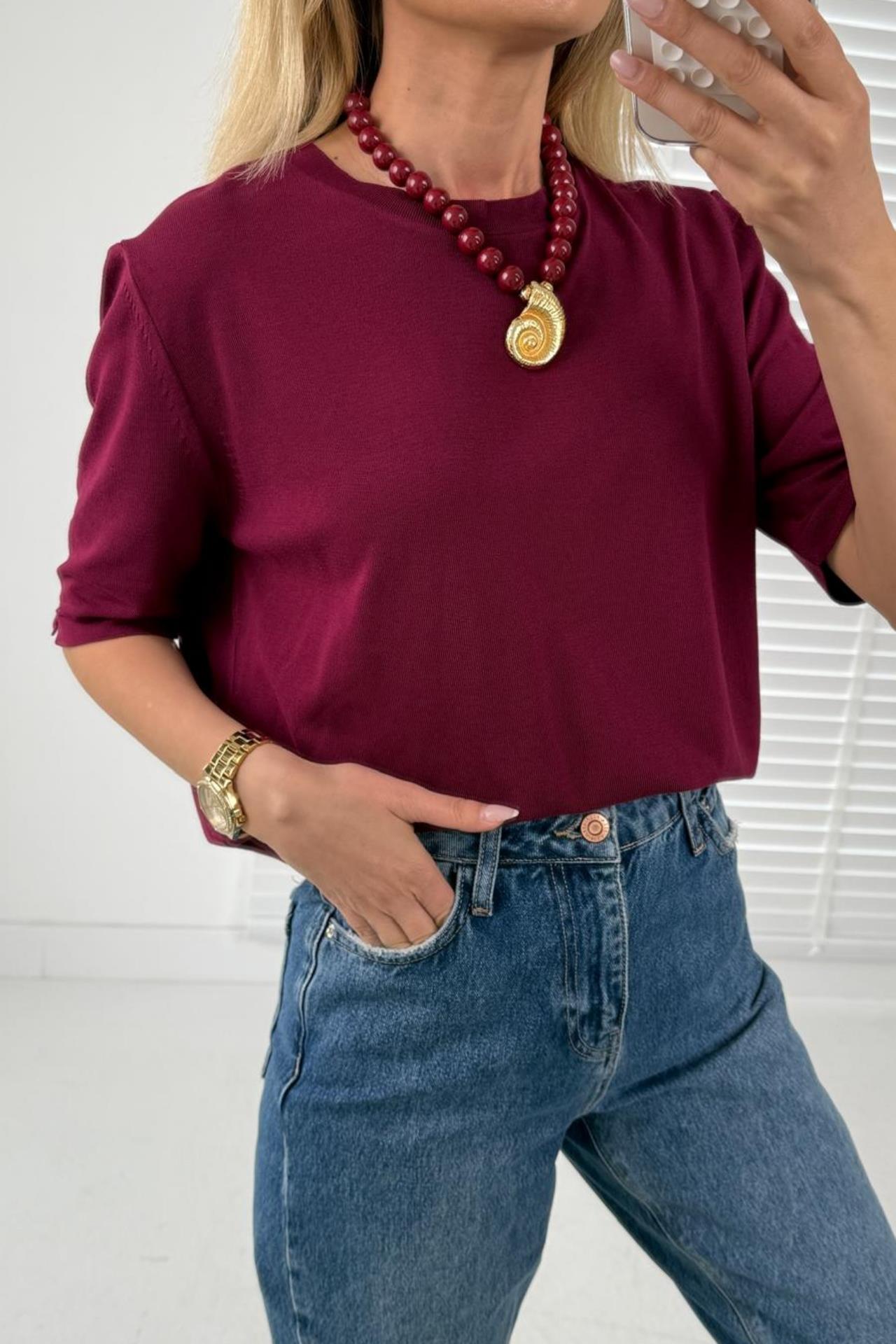 Bisiklet Yaka Yarım Kol Bordo Triko TRİKO VE KAZAK