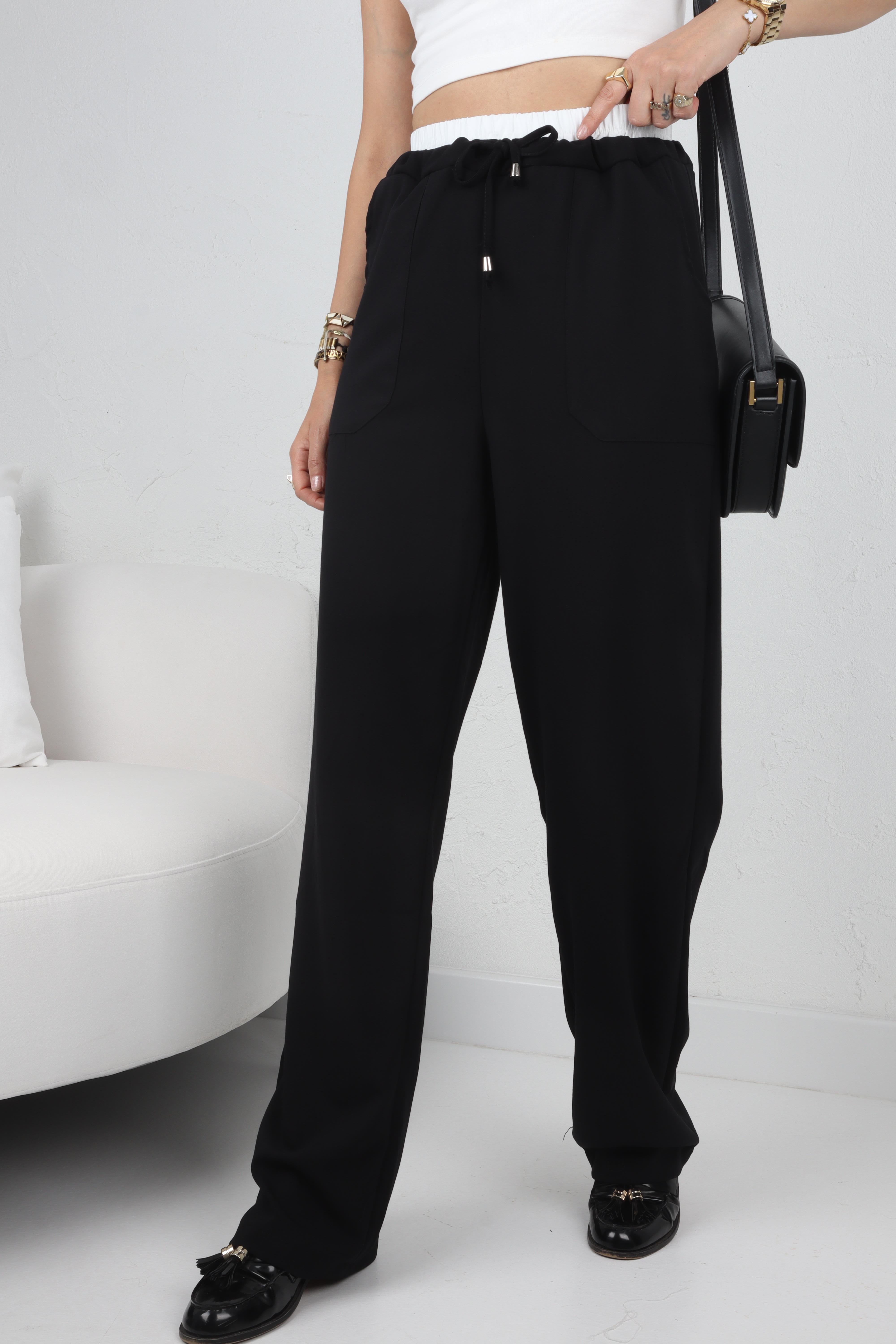 Bokser Detay Siyah  Palazzo Pantolon PANTOLON