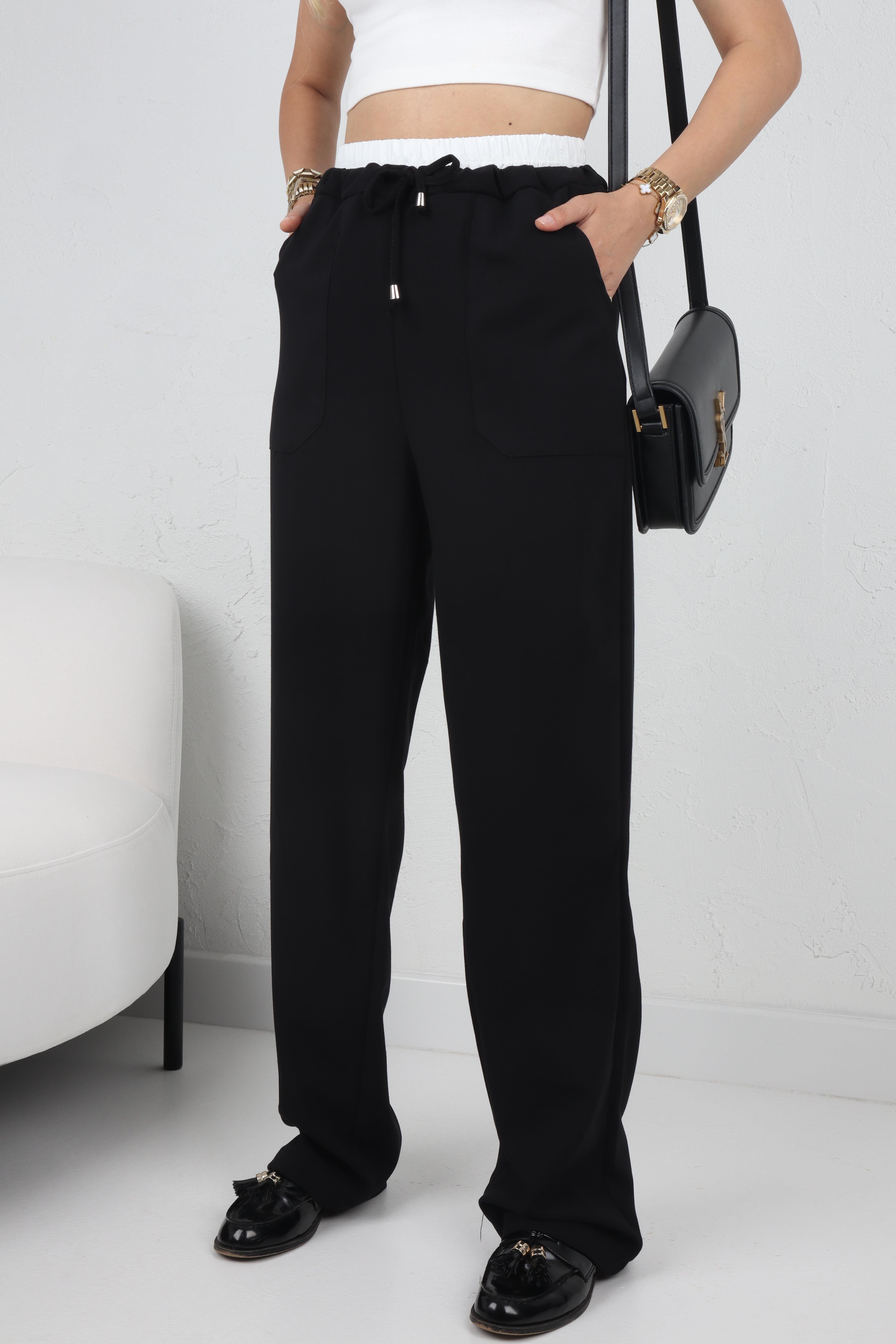 Bokser Detay Siyah  Palazzo Pantolon PANTOLON