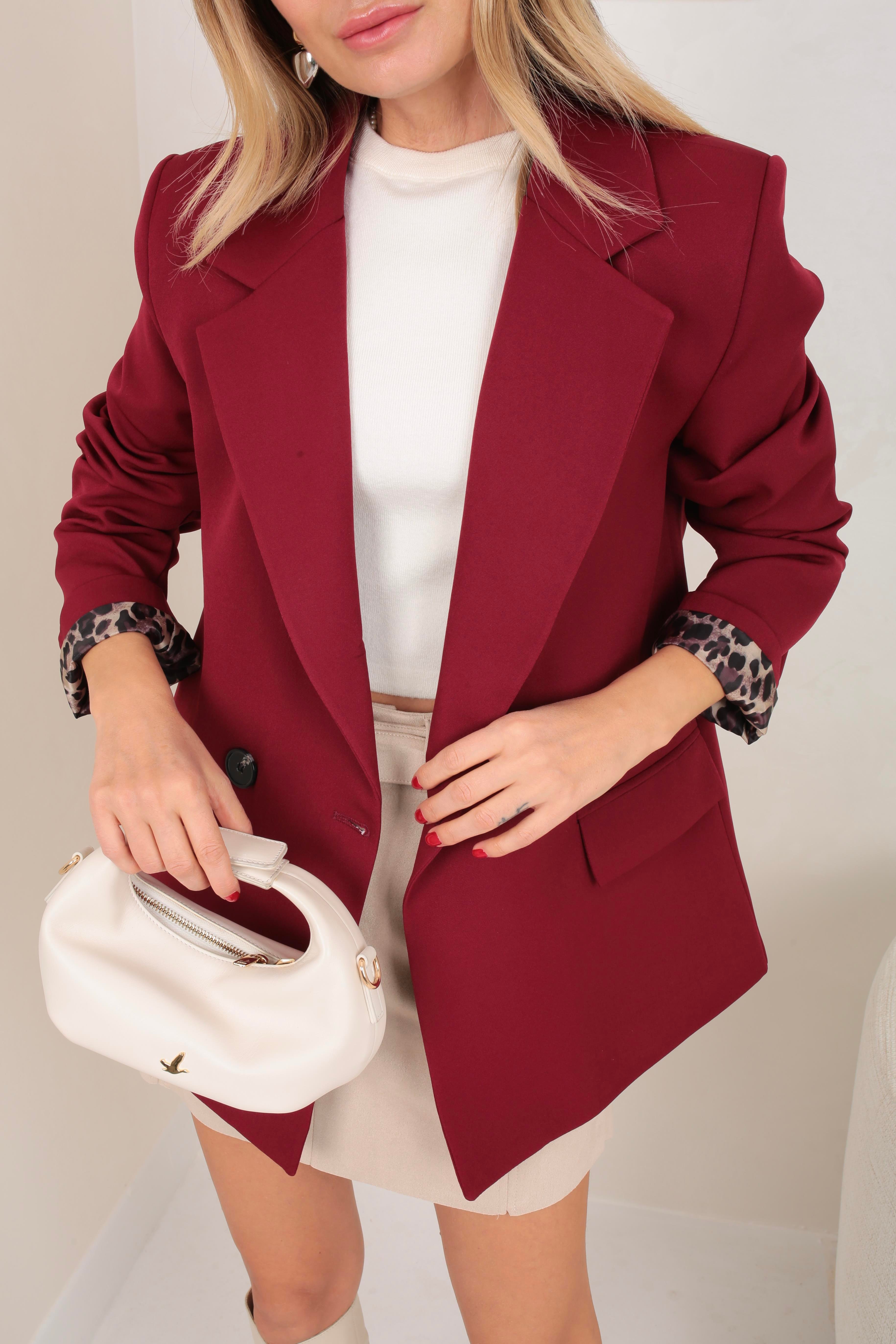 Bordo Atlas Leopar Astarlı Blazer Ceket CEKET