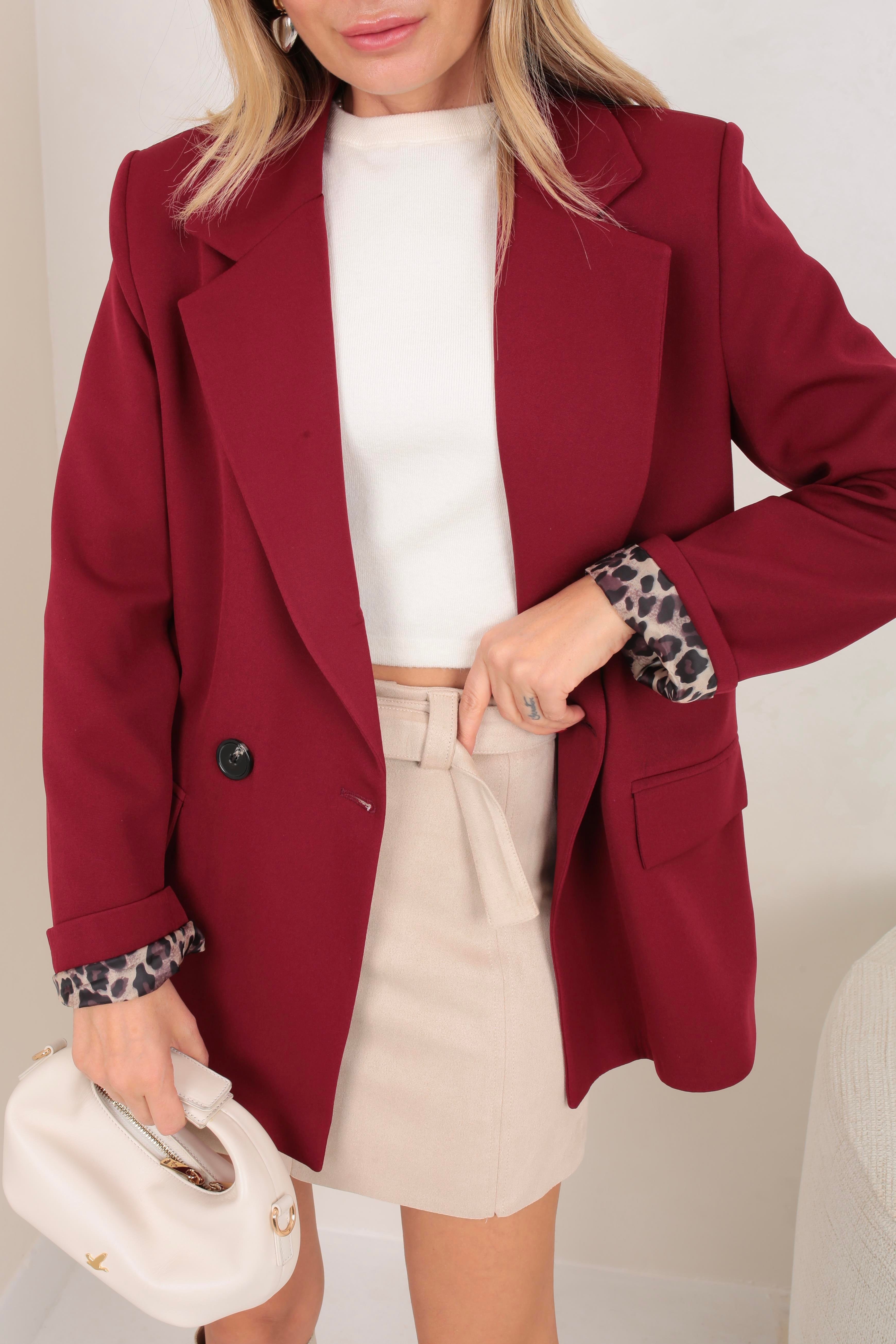 Bordo Atlas Leopar Astarlı Blazer Ceket CEKET