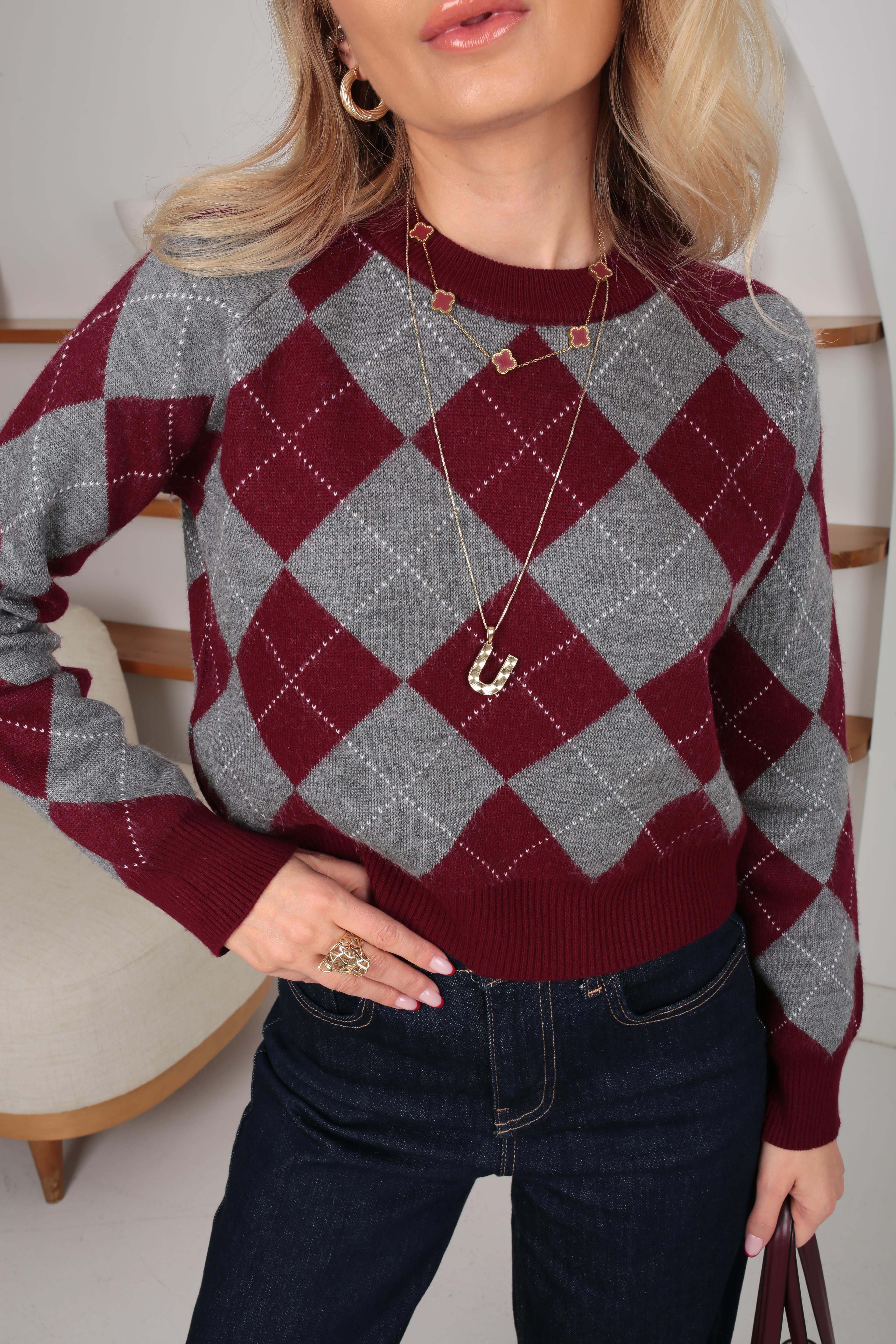 Bordo Baklava Desen Triko Kazak TRİKO VE KAZAK